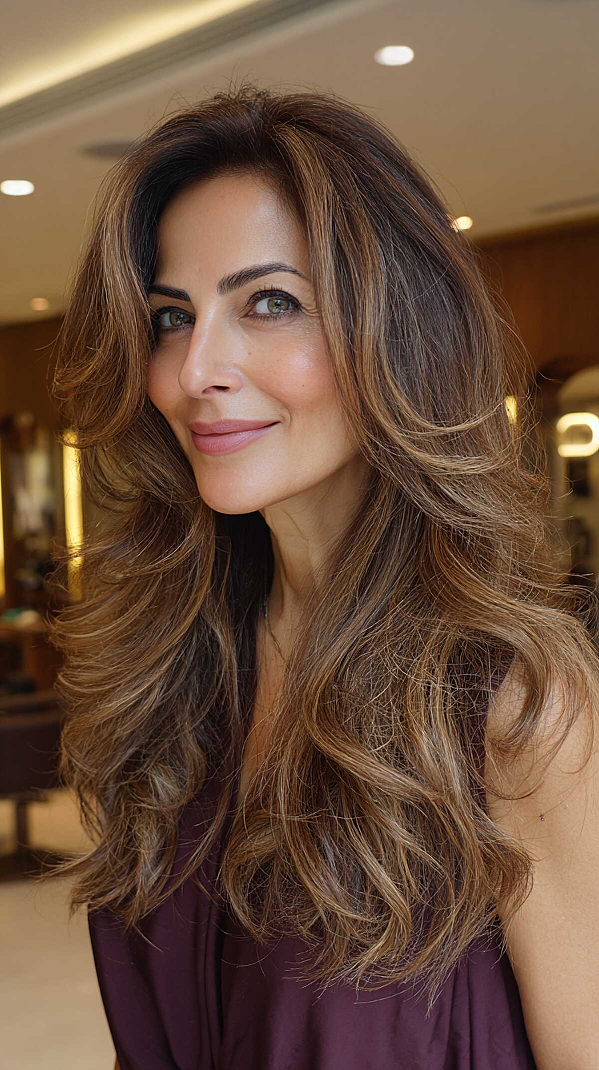 Long brunette cascading layers with honey balayage