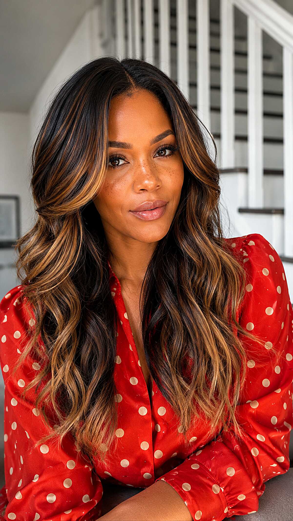 Long dark sew-in waves with caramel balayage accents