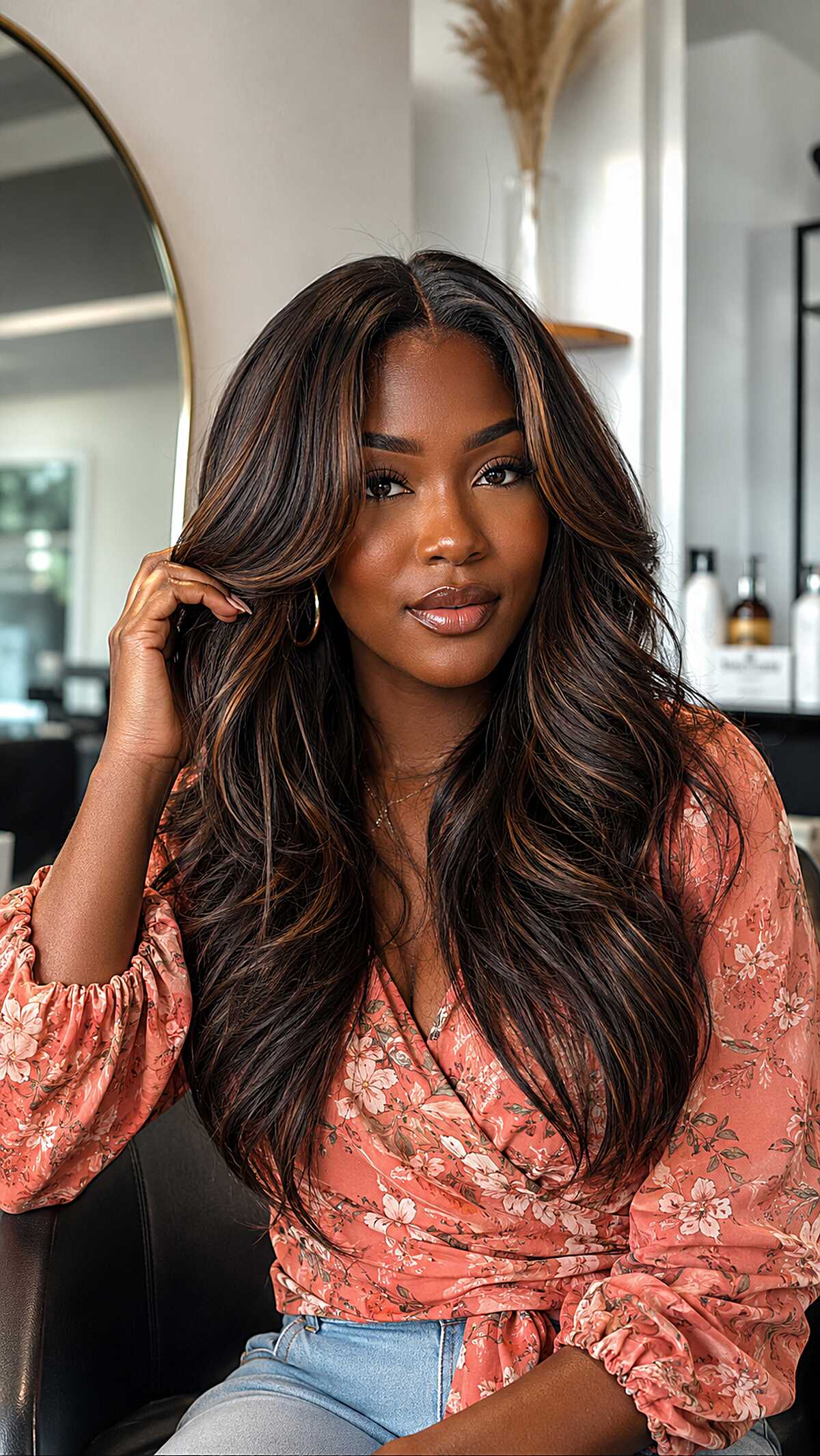 Long layered sew-in with caramel streaks and soft bends