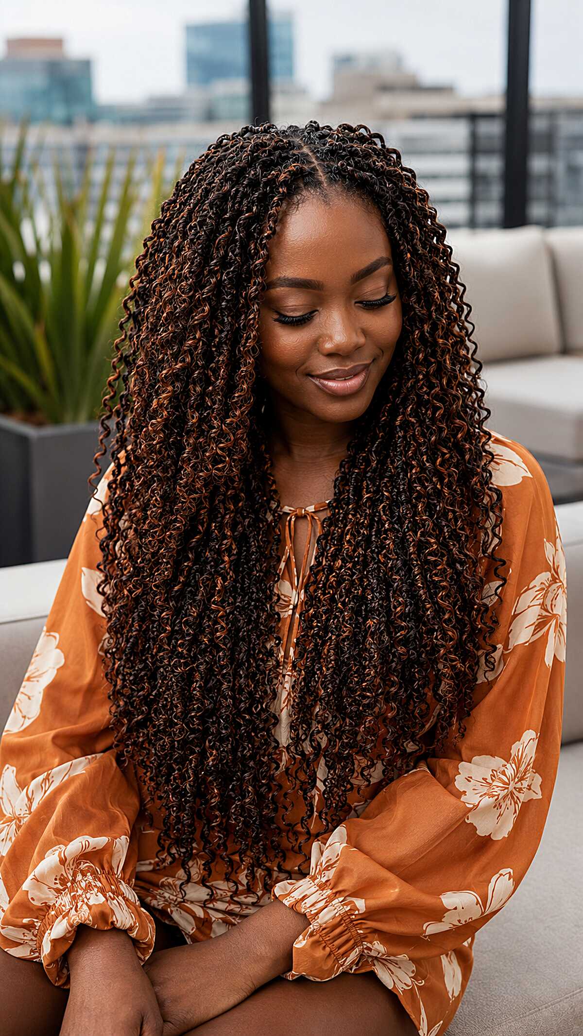 Long Passion Twists With Copper-Brown Curly Texture