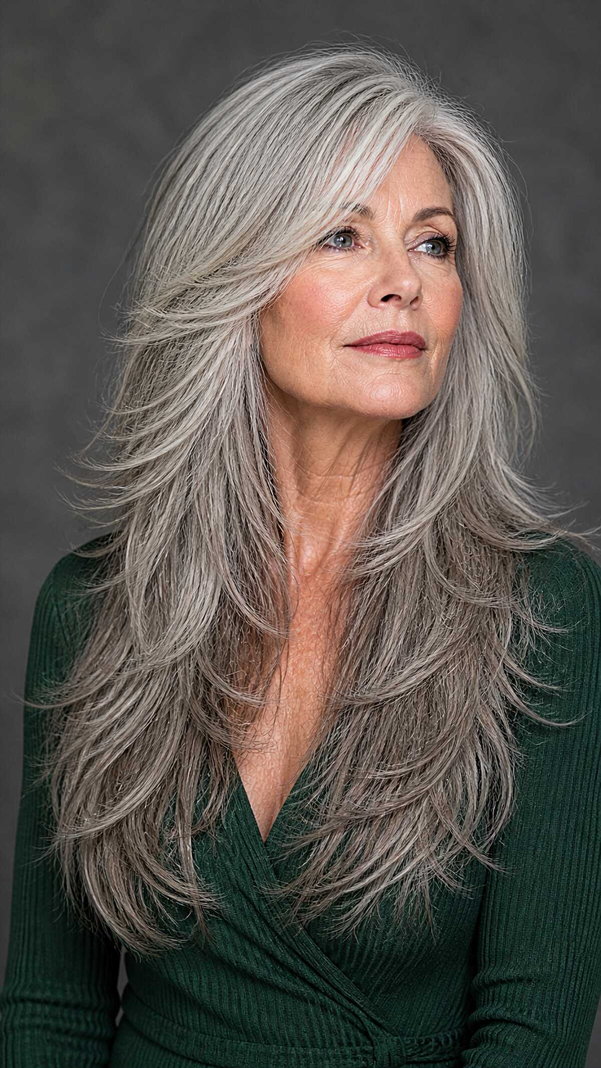 Long Silver Gray Layered Shag with Dramatic Framing