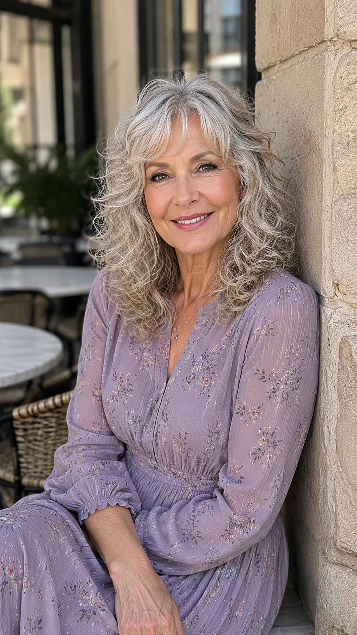 Long silver wavy hair with face-framing layers
