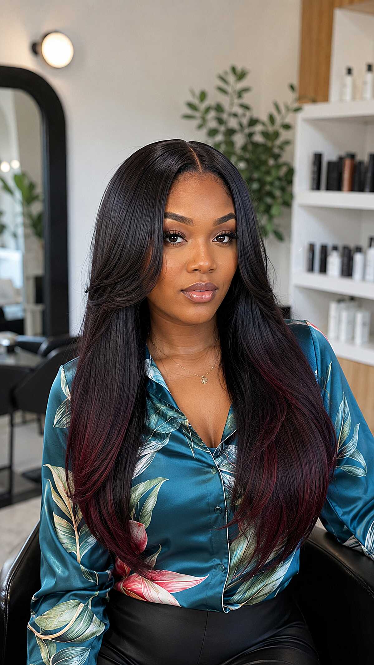 Long sleek quick weave with dark layers and plum undertones