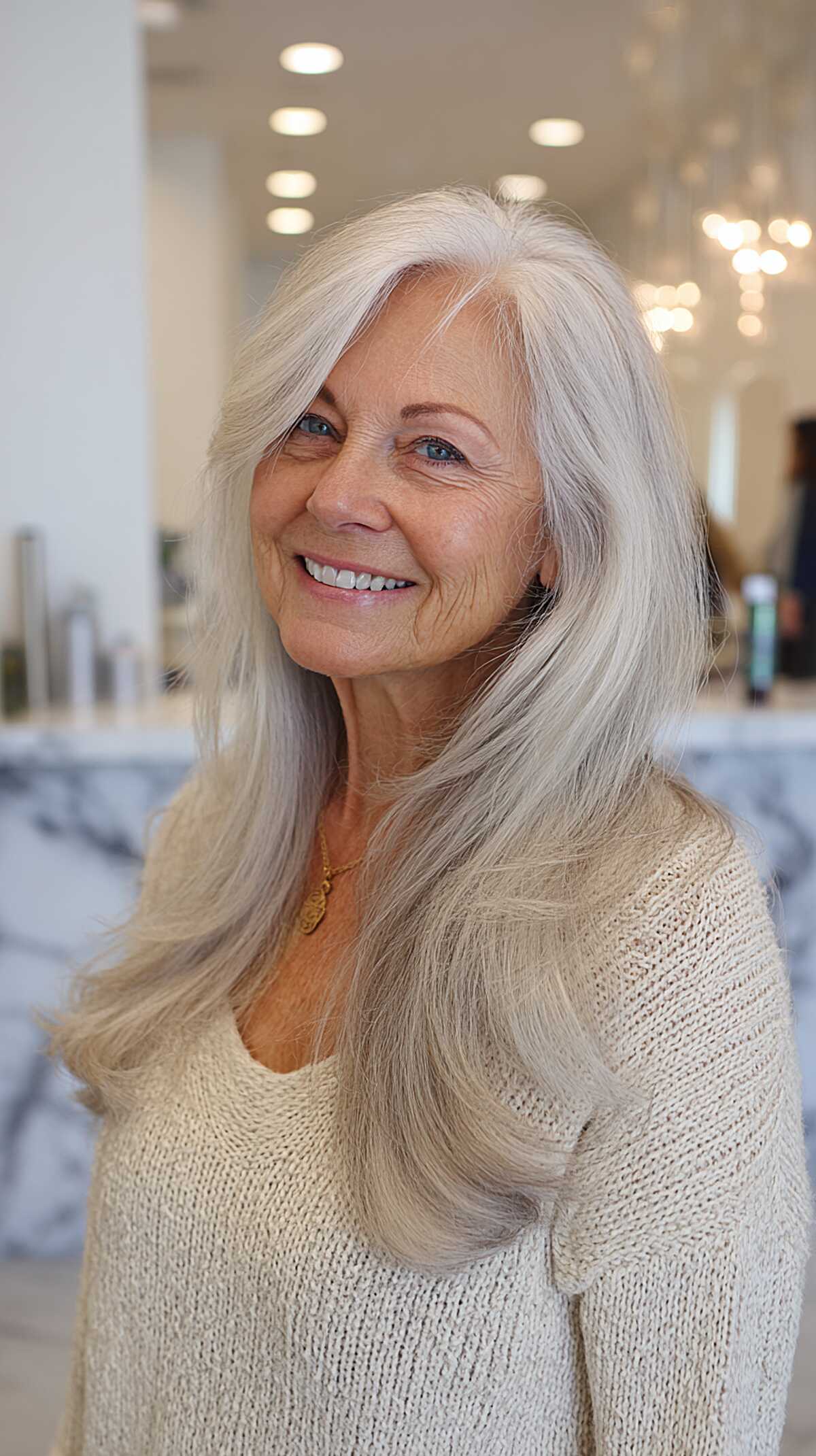 Long flowing white silver hair with soft face-framing layers