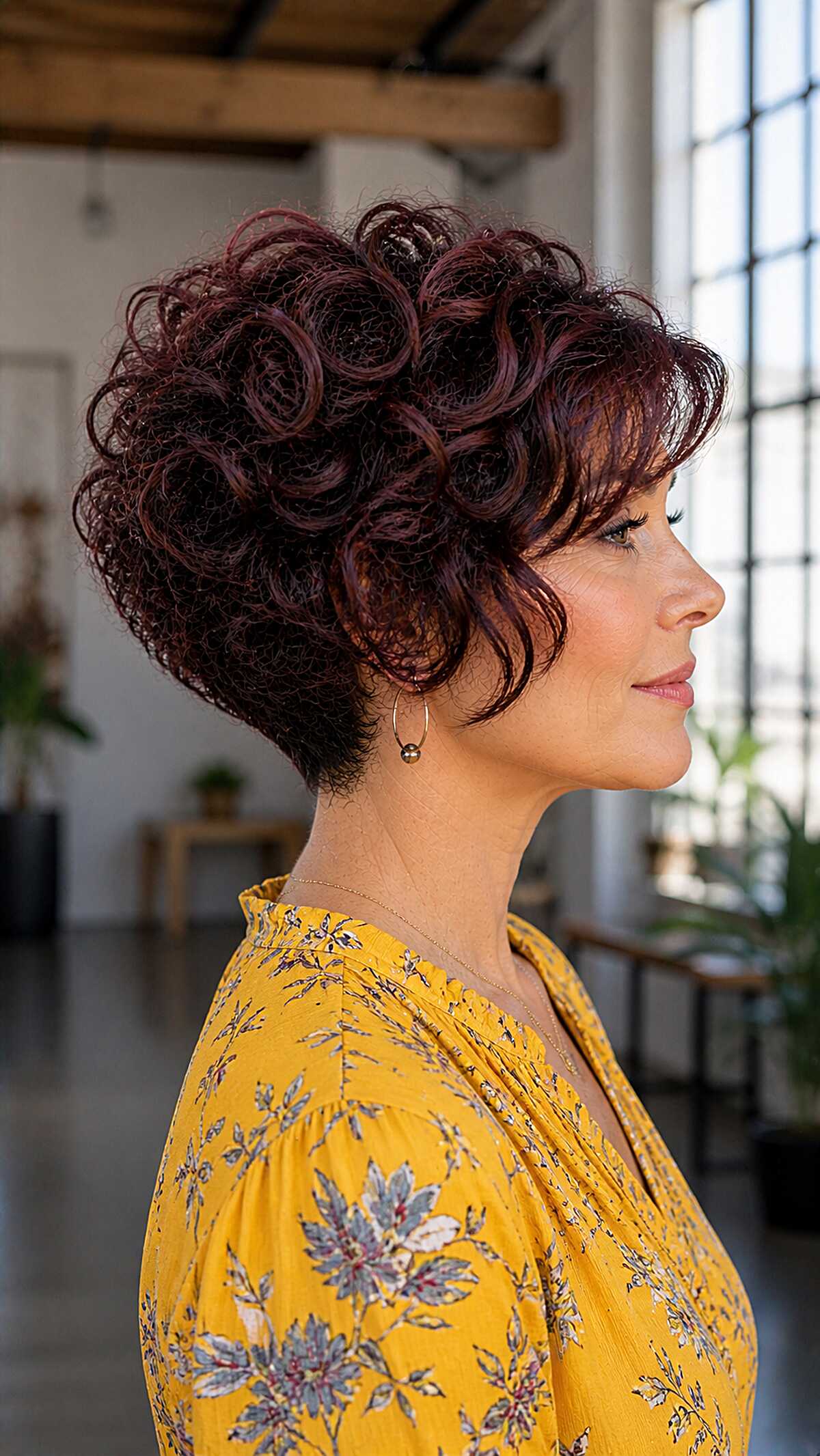 Mahogany stacked bob with tight curly coils