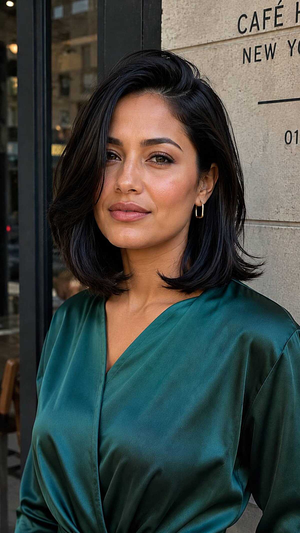 Black medium bob with side-swept layers and volume