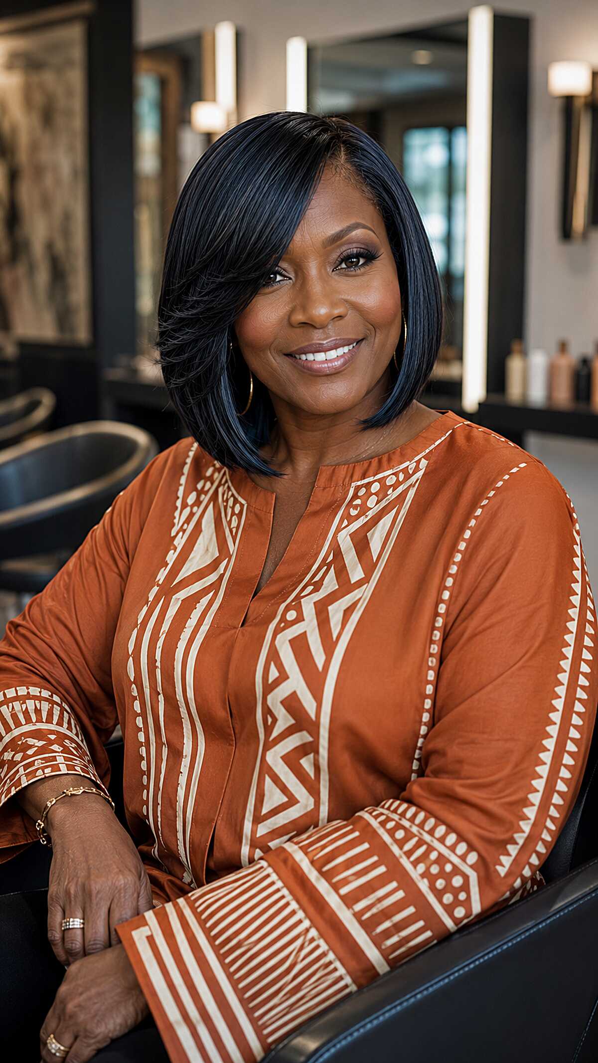 Dark Bob with Blue-Black Sheen and Side-Swept Layers
