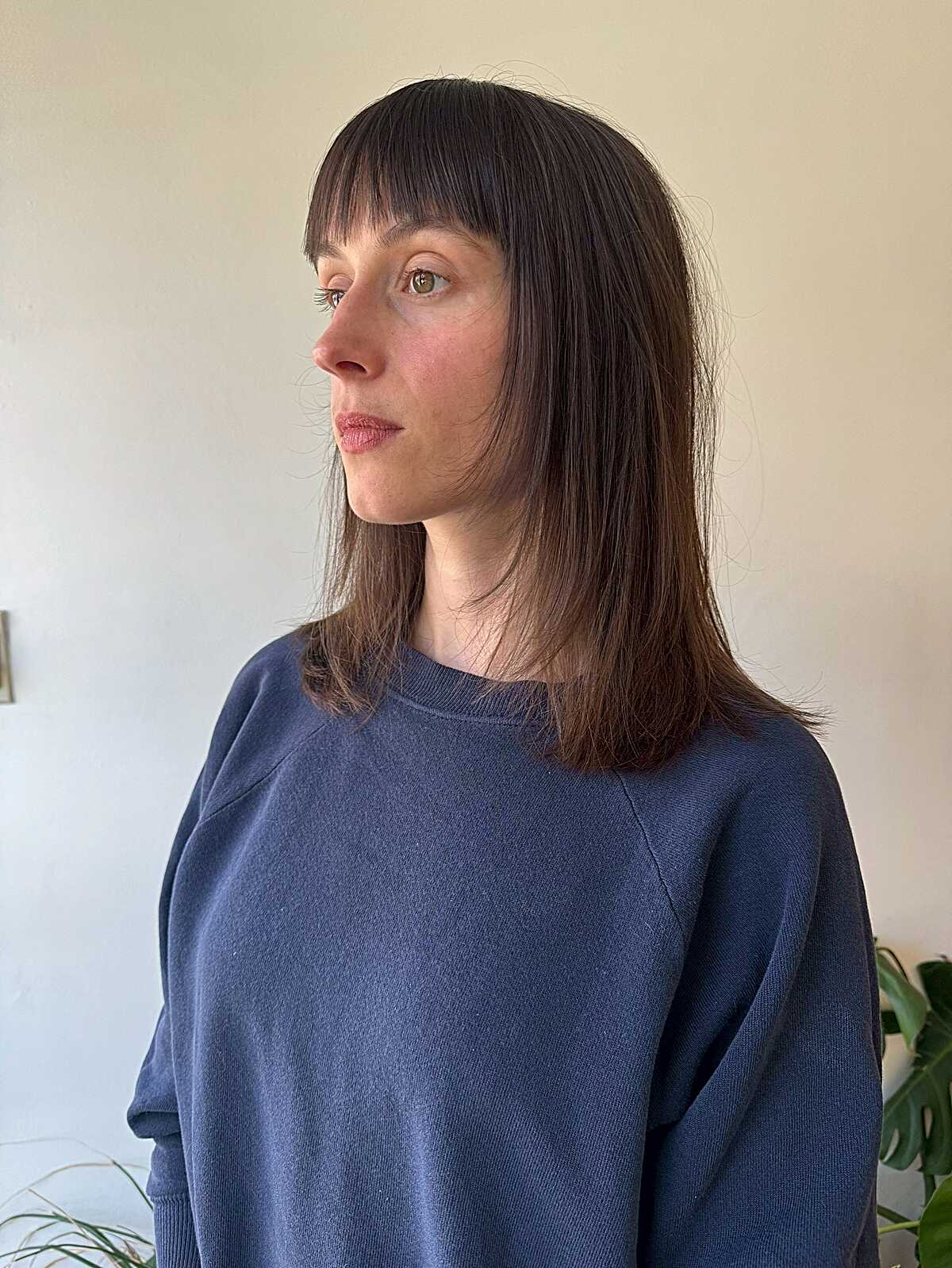 Minimal Brunette Lob with Baby Bangs on Fine Hair