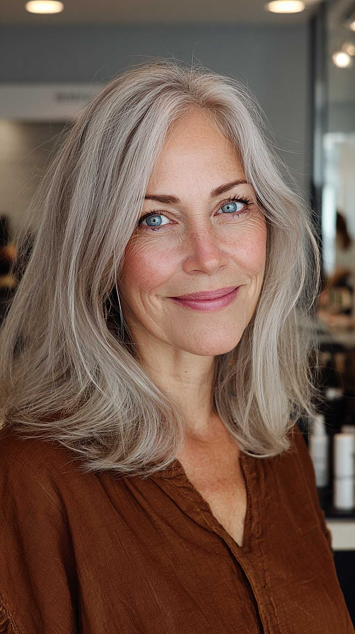 Natural silver medium-length layers with center part