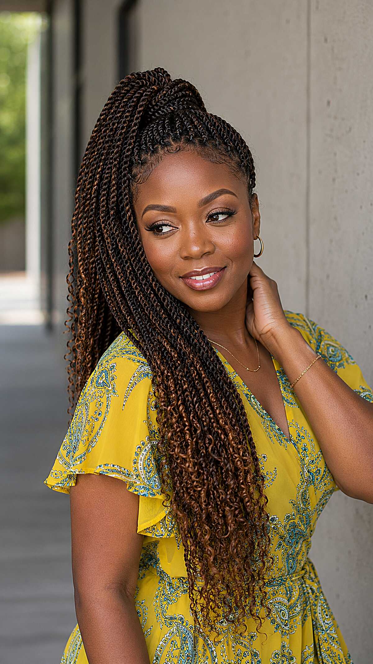 Long Ombré Senegalese Twists Pulled Into High Ponytail