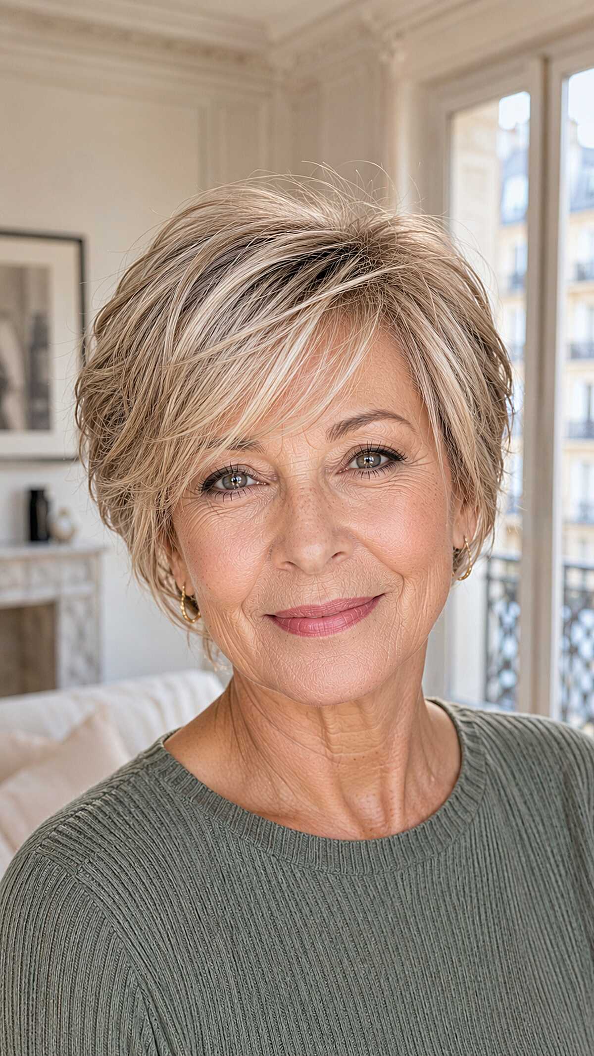 Ash Blonde Layered Crop with Feathered Side Fringe