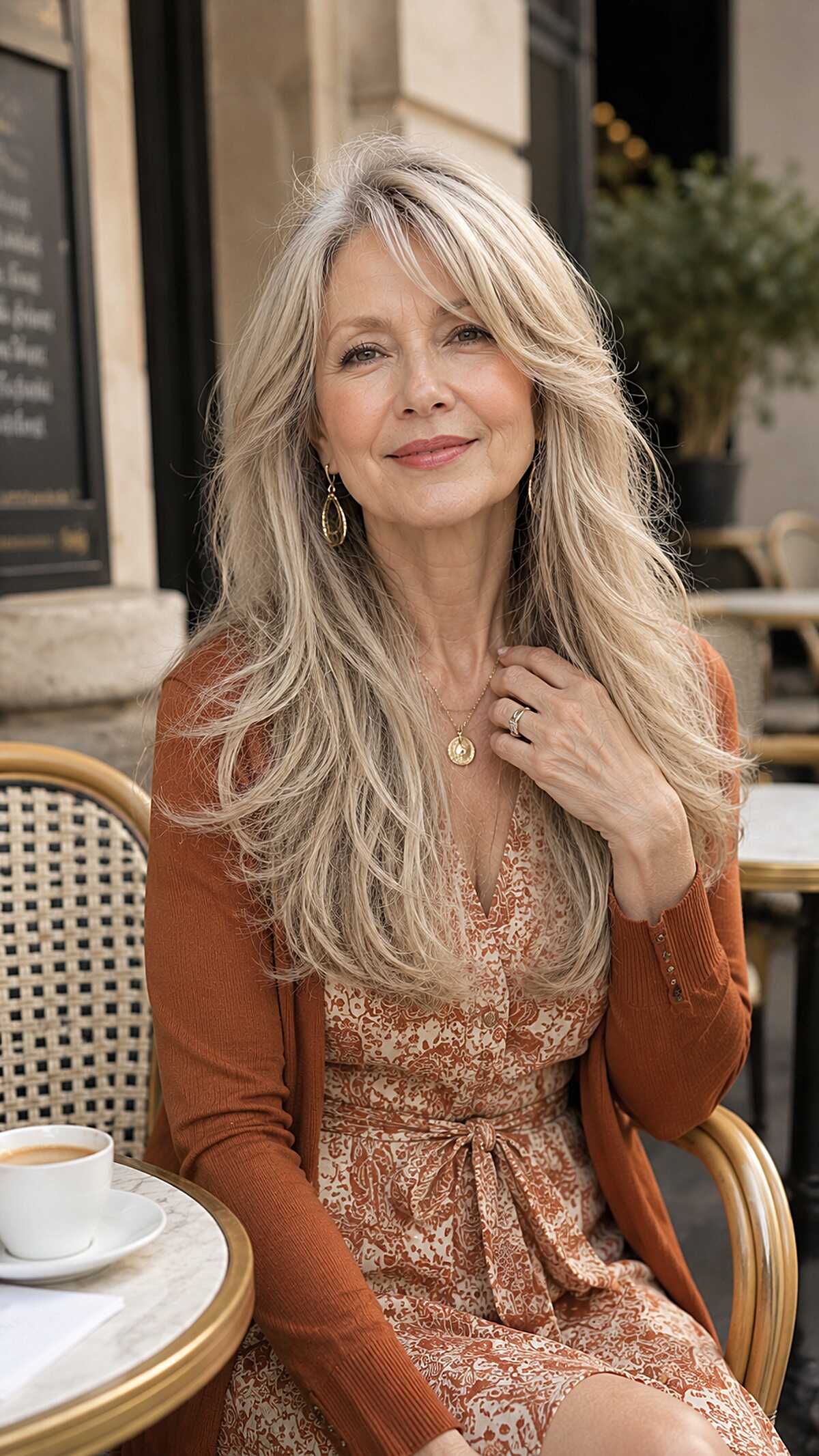 Long breezy platinum blonde hair with face-framing layers