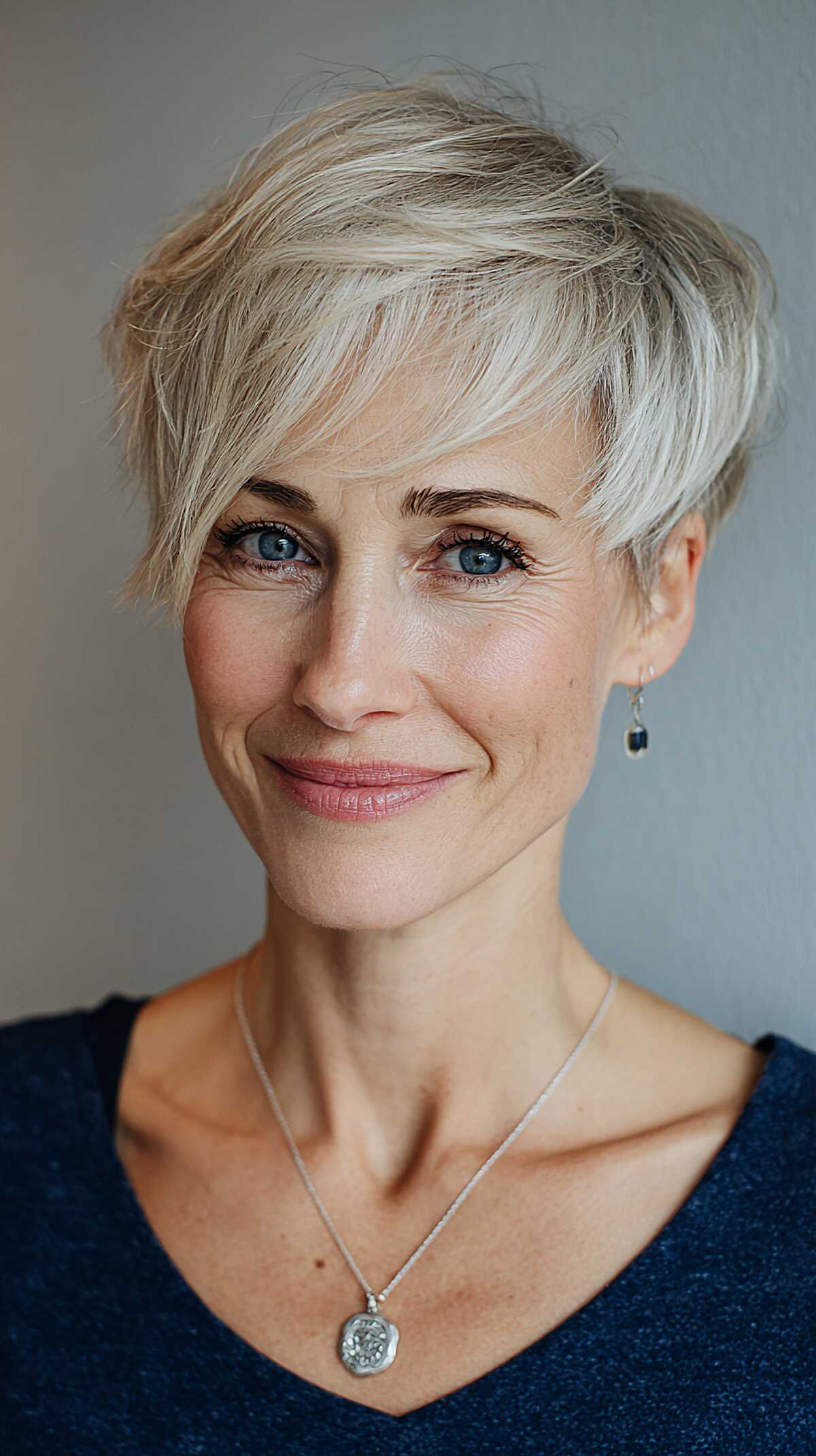 Platinum blonde layered pixie with swept side fringe