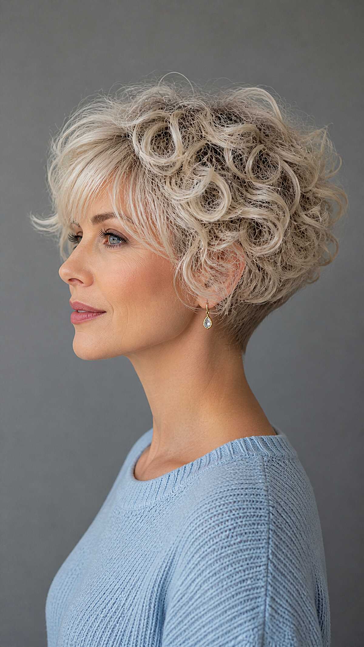 Platinum blonde curly pixie bob with stacked back