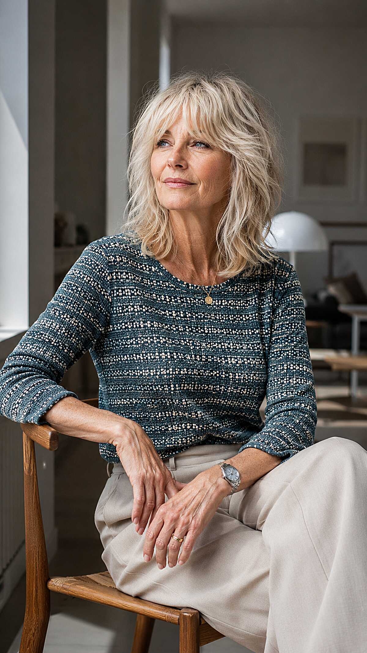 Platinum shag with curtain bangs and soft waves over 60