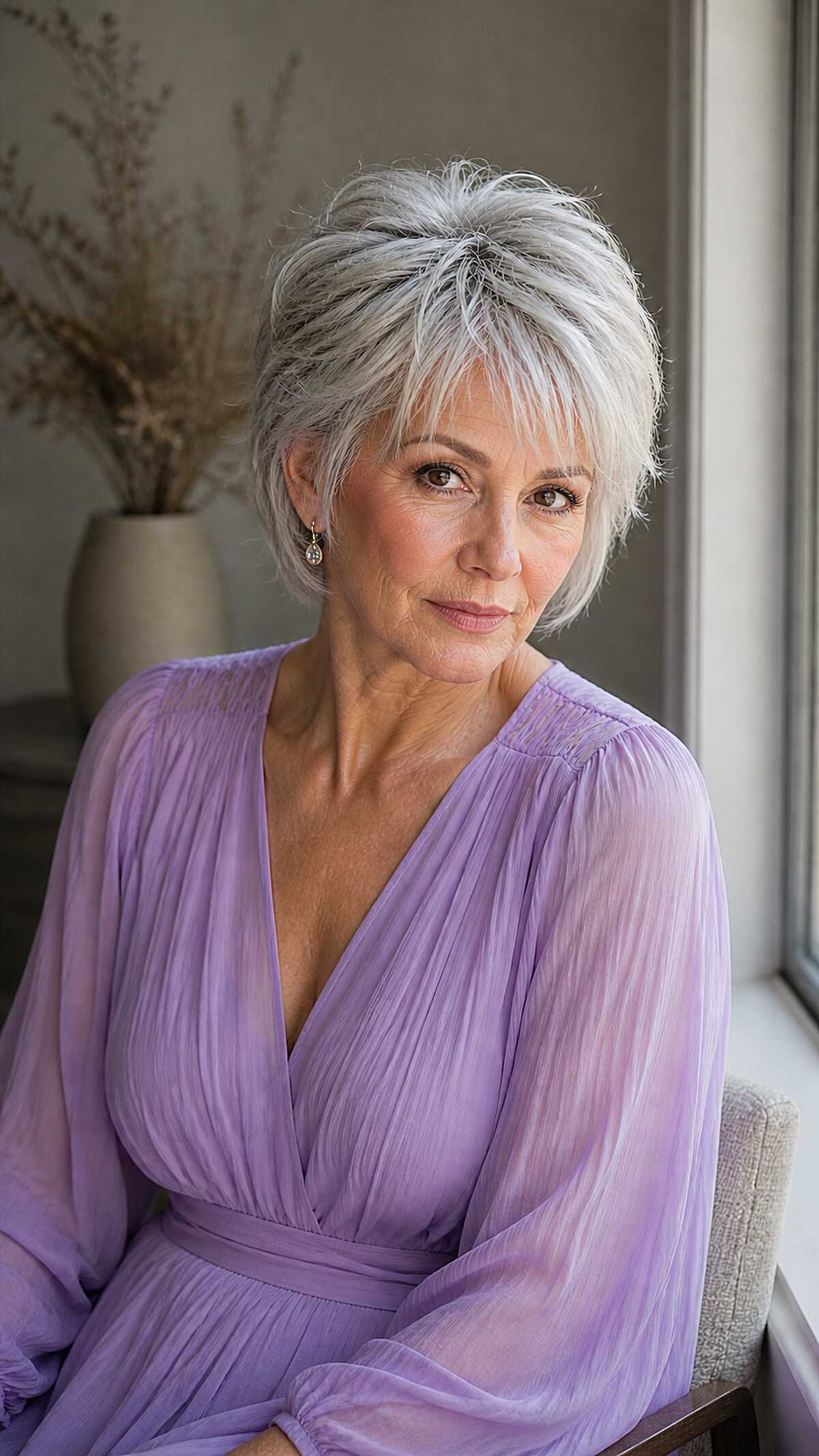 Platinum white pixie shag with layered crown