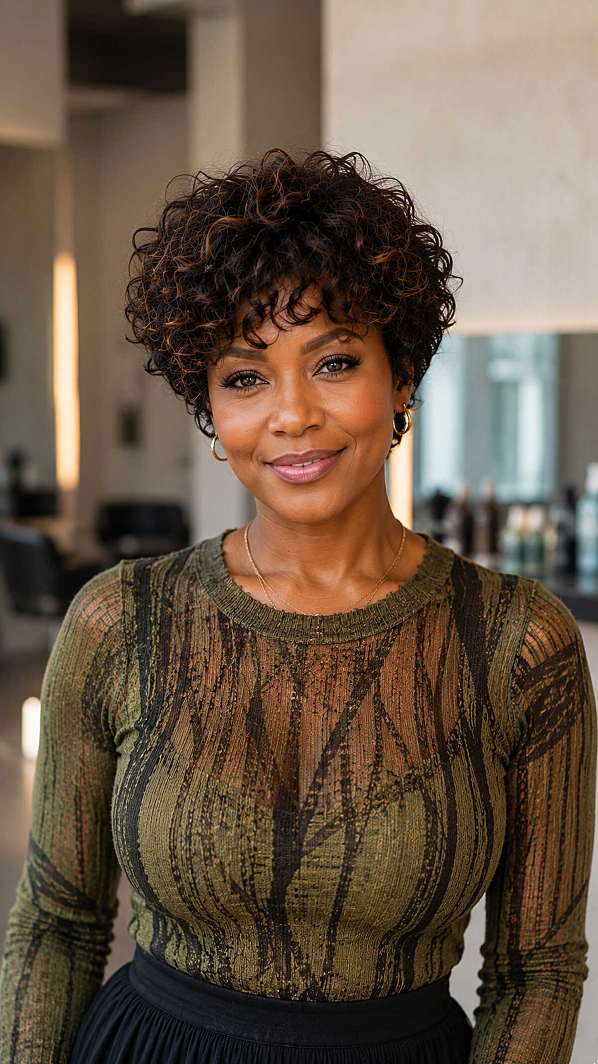 Short curly pixie cut with dark brown curls