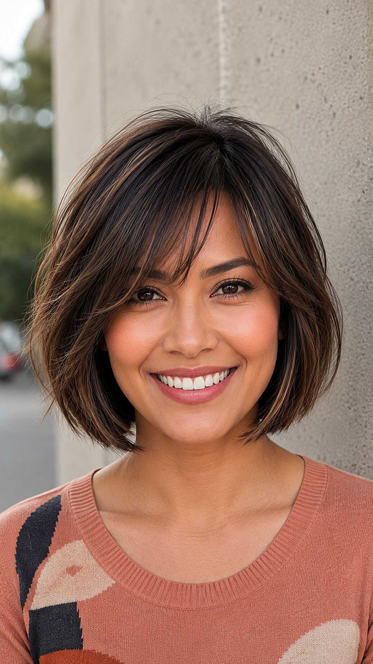 Playful Short Brunette Layered Bob with Long Fringe