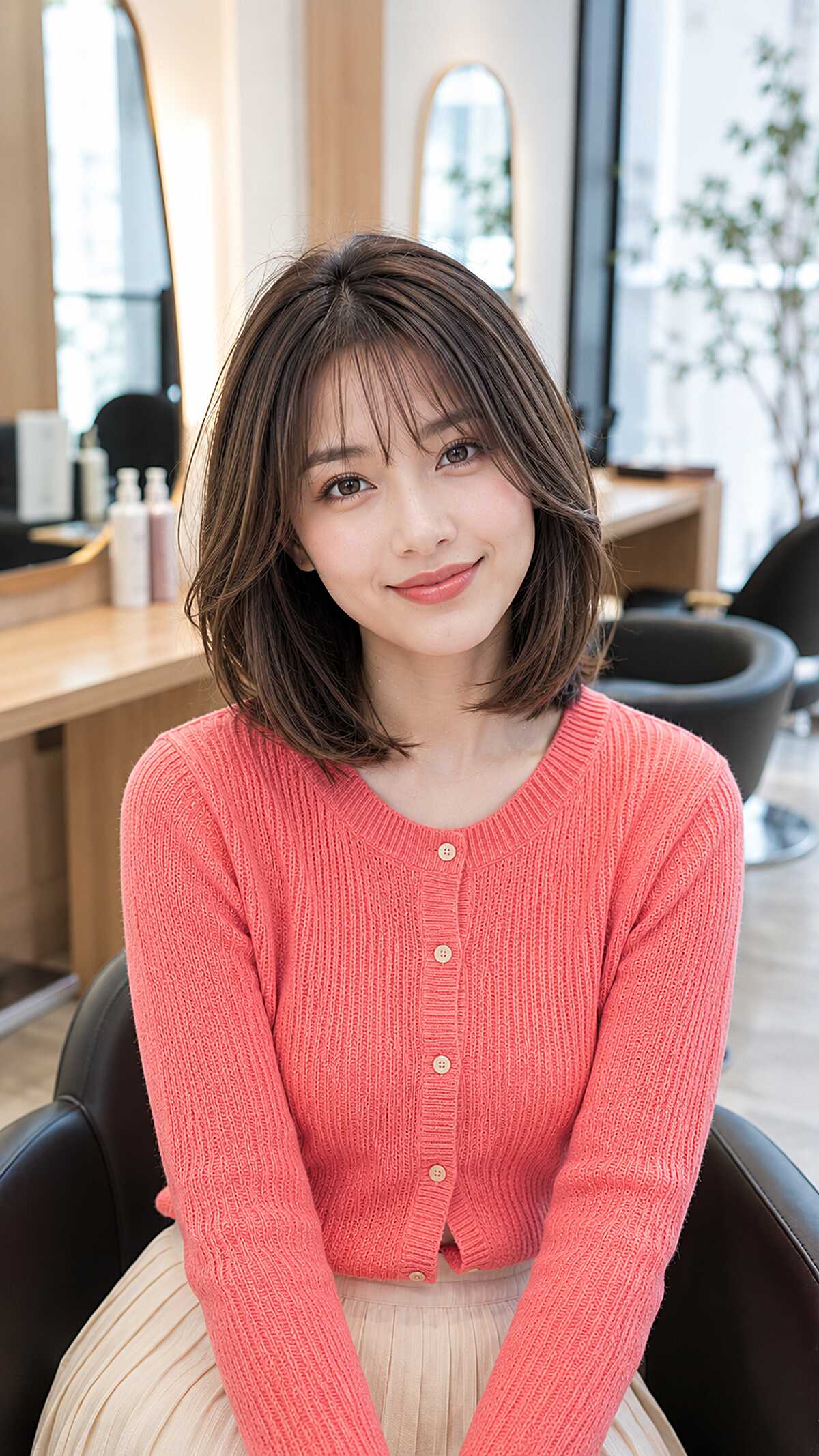 Polished brunette bob with soft wispy bangs in salon