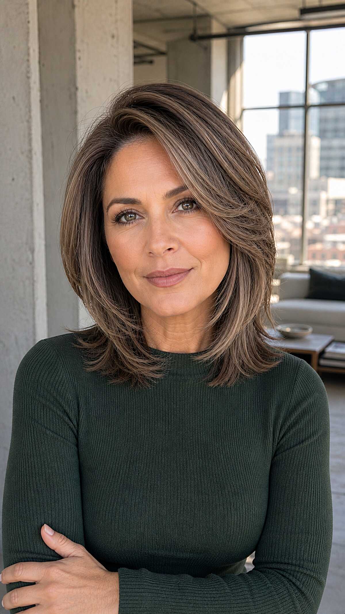 Polished brunette layered bob with highlights and side part