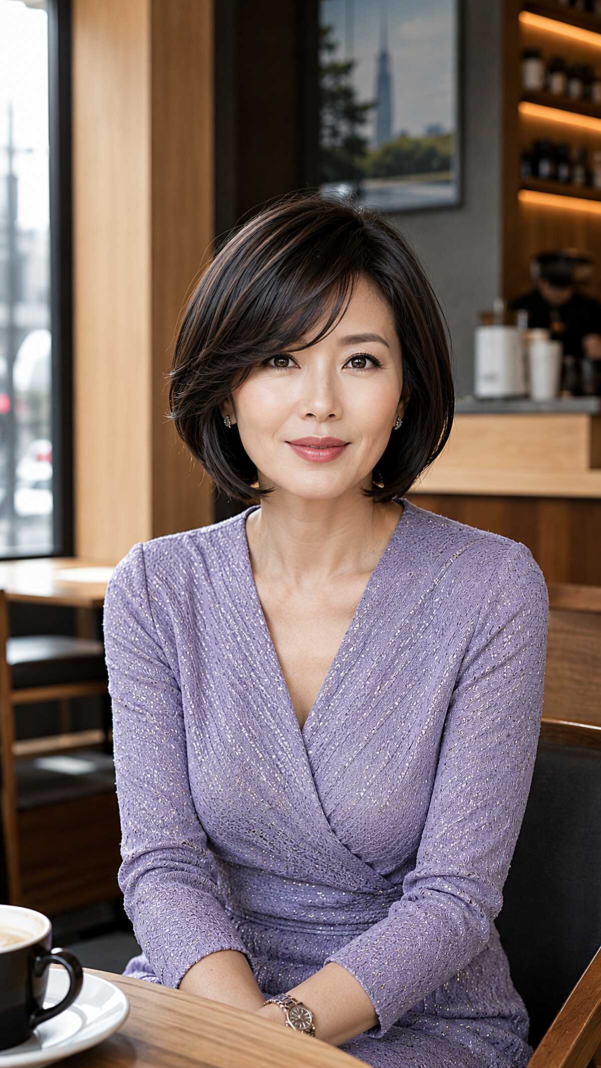 Polished Dark Brunette Layered Bob with Side Part