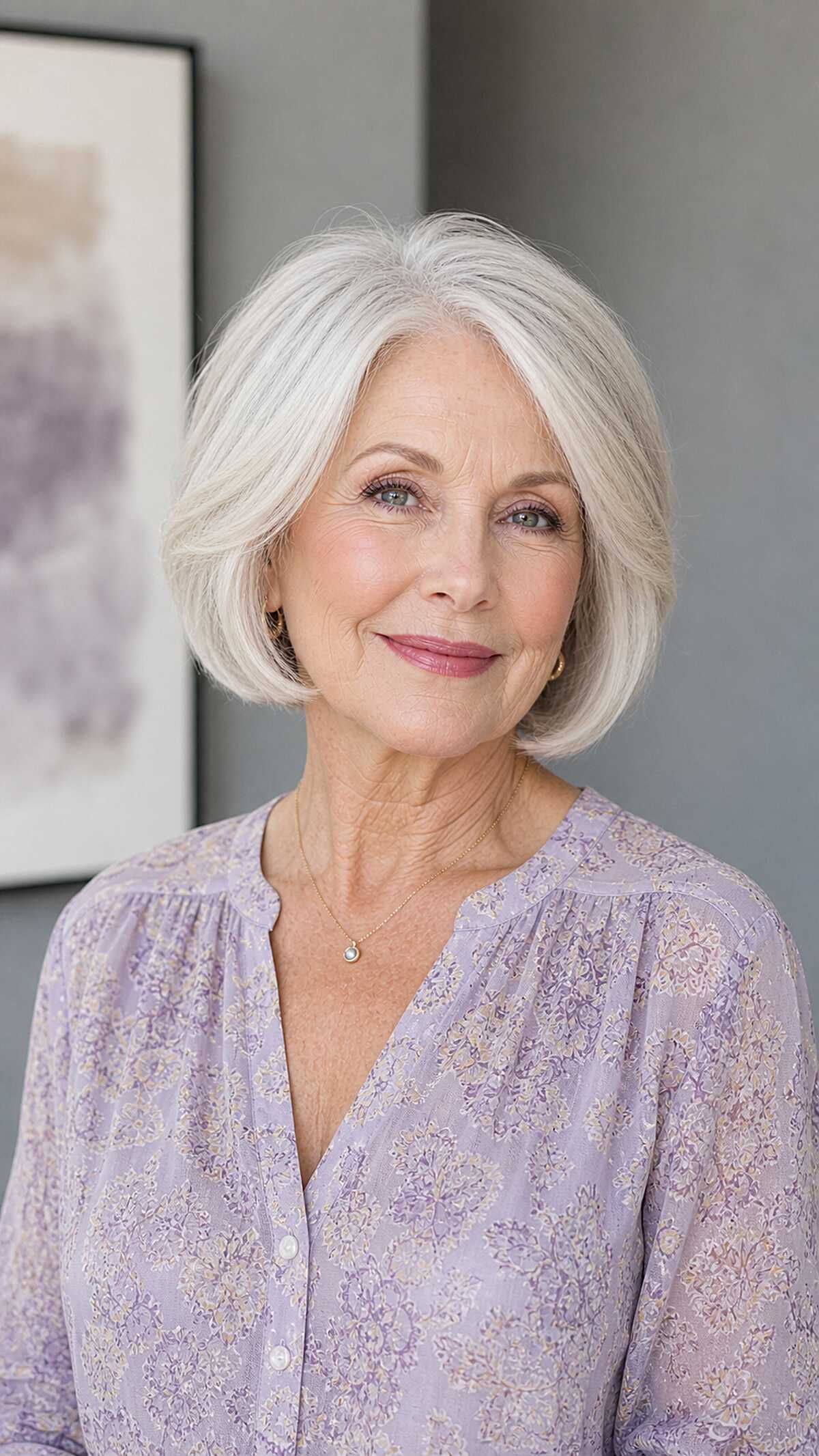 Polished white chin-length bob with a soft wave