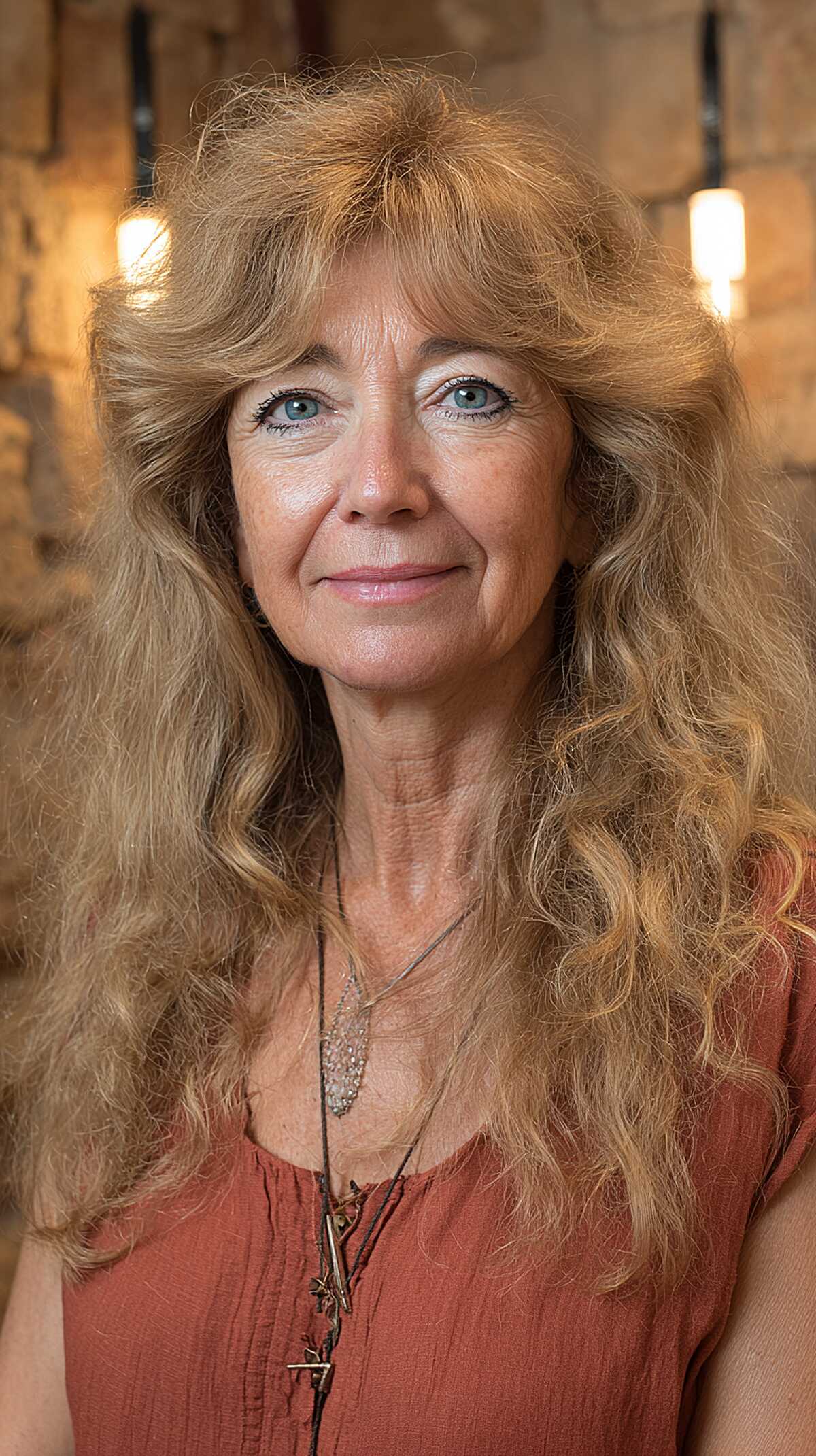 Long retro shag with voluminous strawberry blonde curls