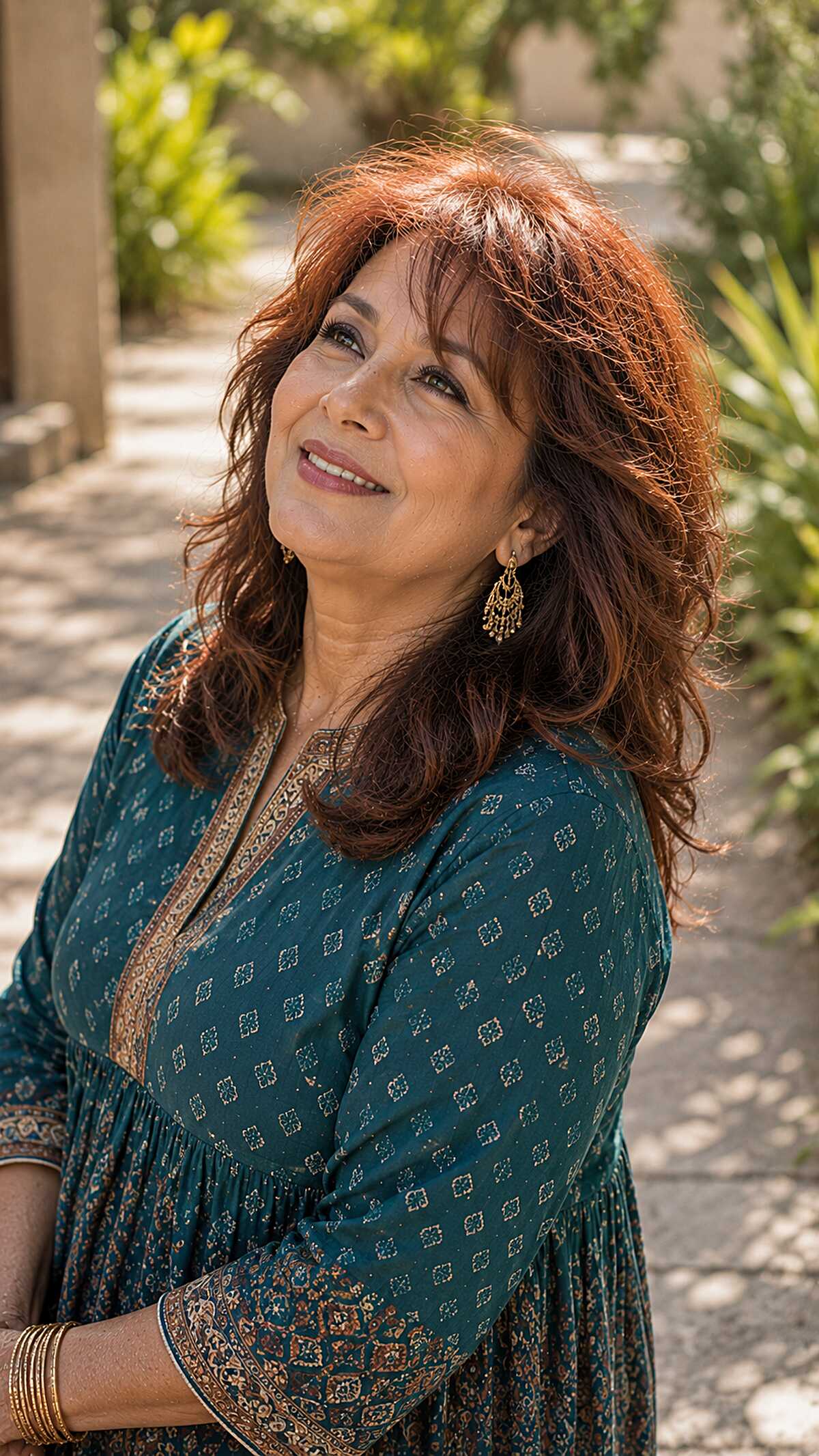 Rich auburn long layered shag with bangs over 60