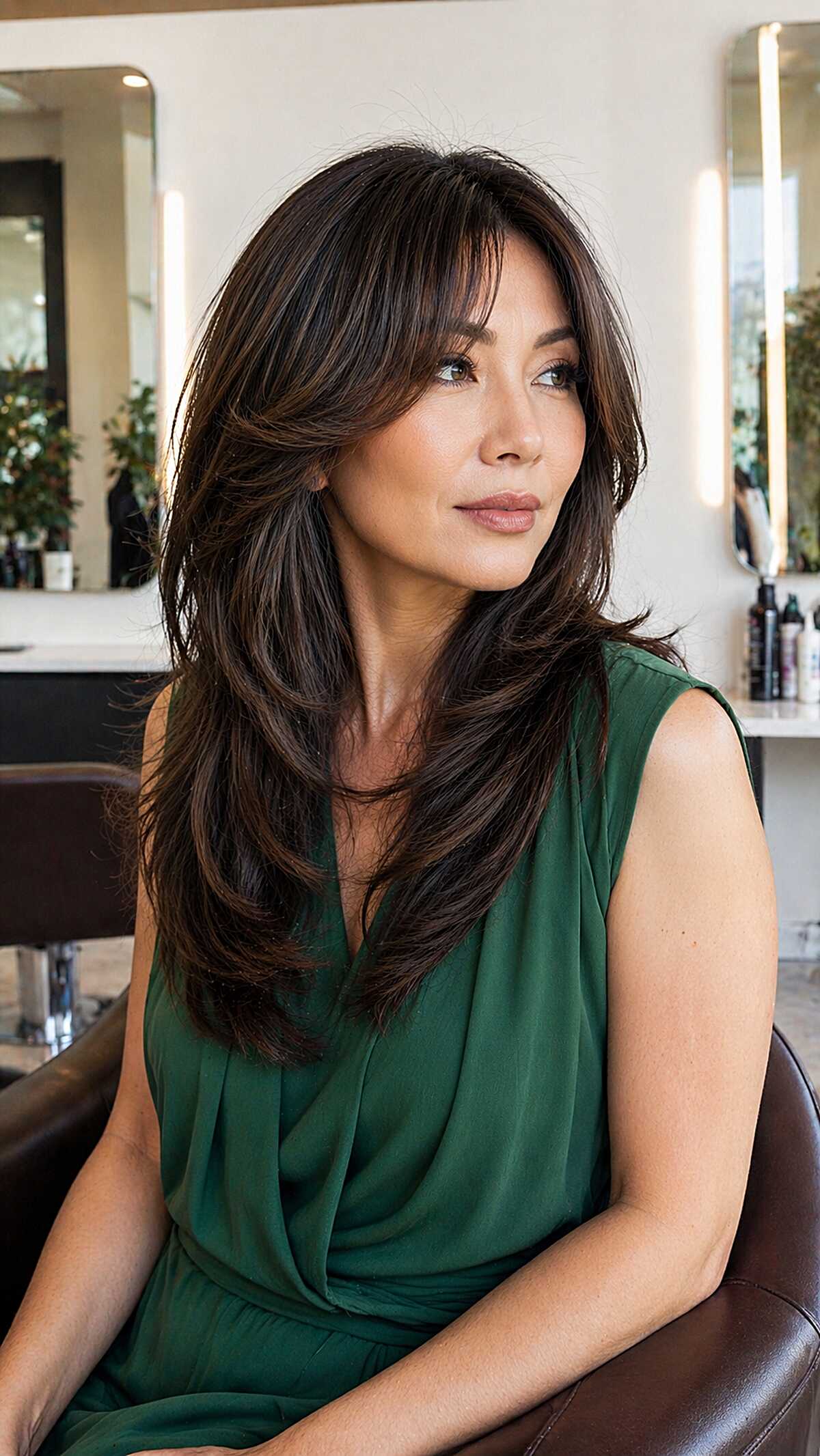 Rich Brunette Butterfly Cut with Curtain-Swept Layers