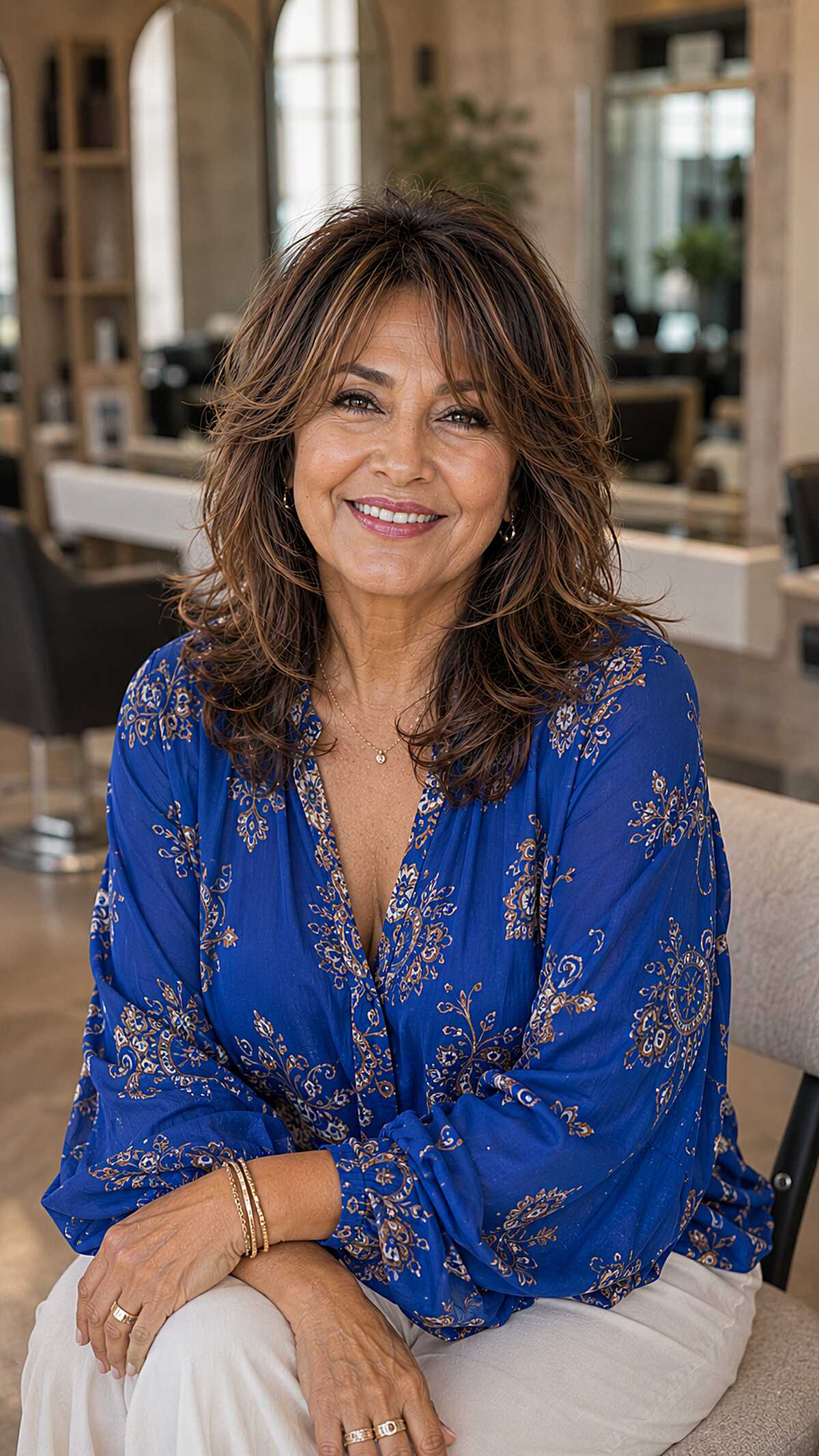Rich brunette layered shag with swoopy bangs over 60