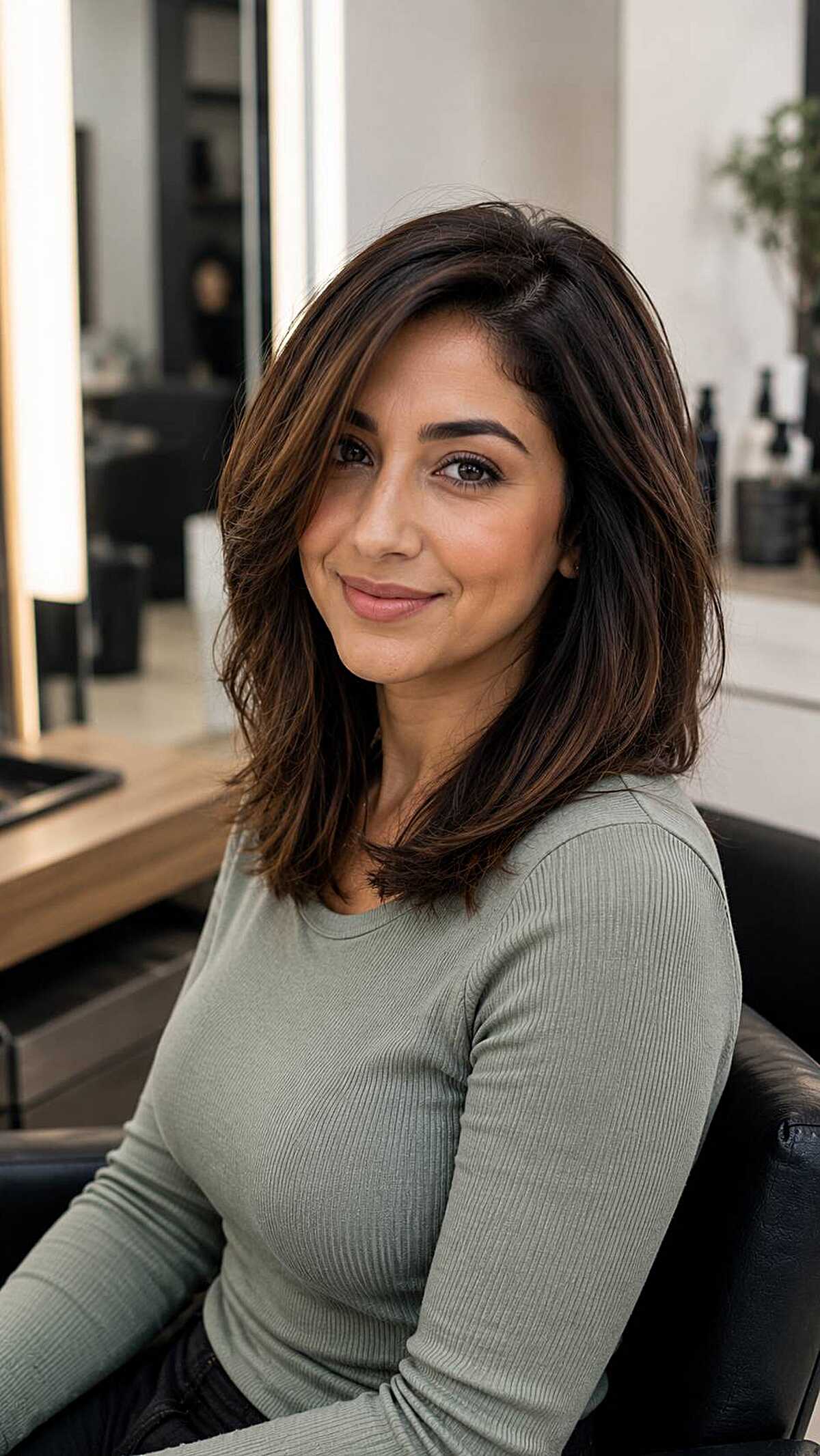 Rich brunette medium hair with side part blowout in salon