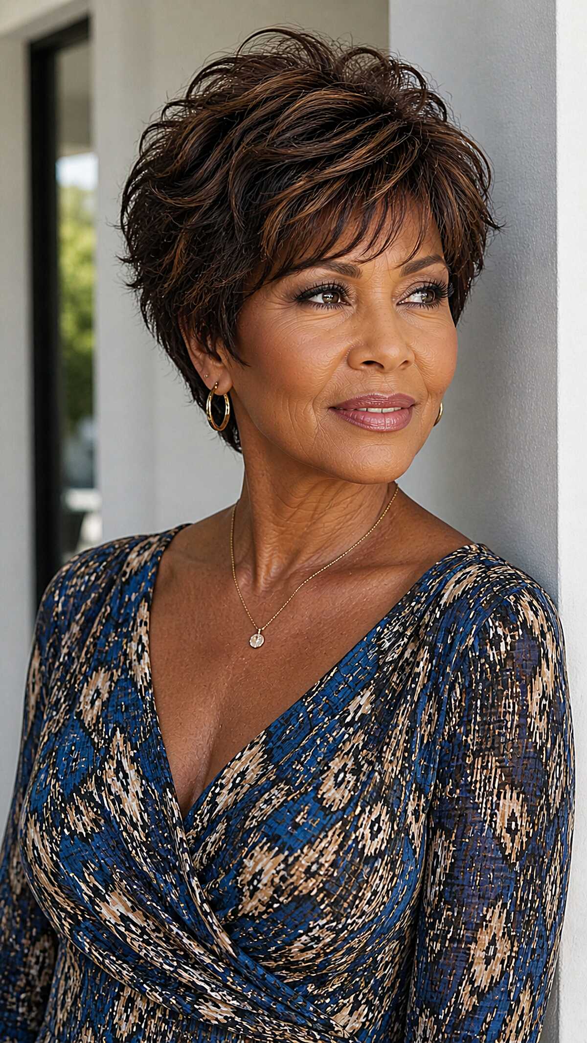 Rich chocolate layered pixie shag on woman over 60