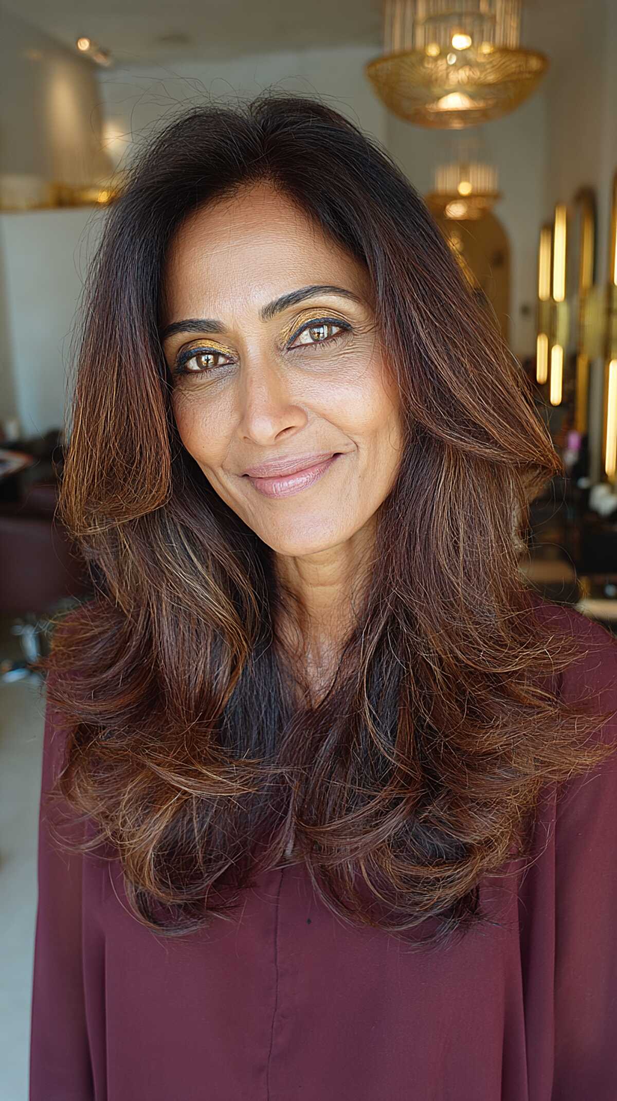 Long dark layered blowout with warm coppery undertones