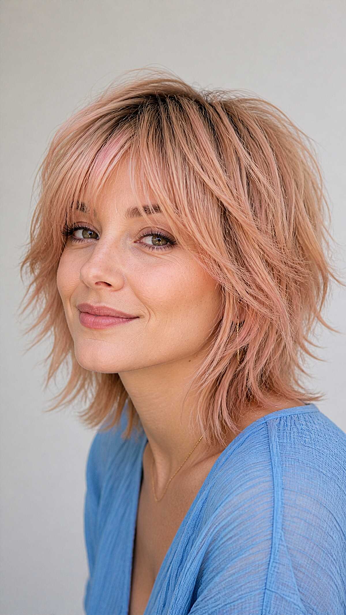 Rose gold bob-length shag wolfcut with choppy layers