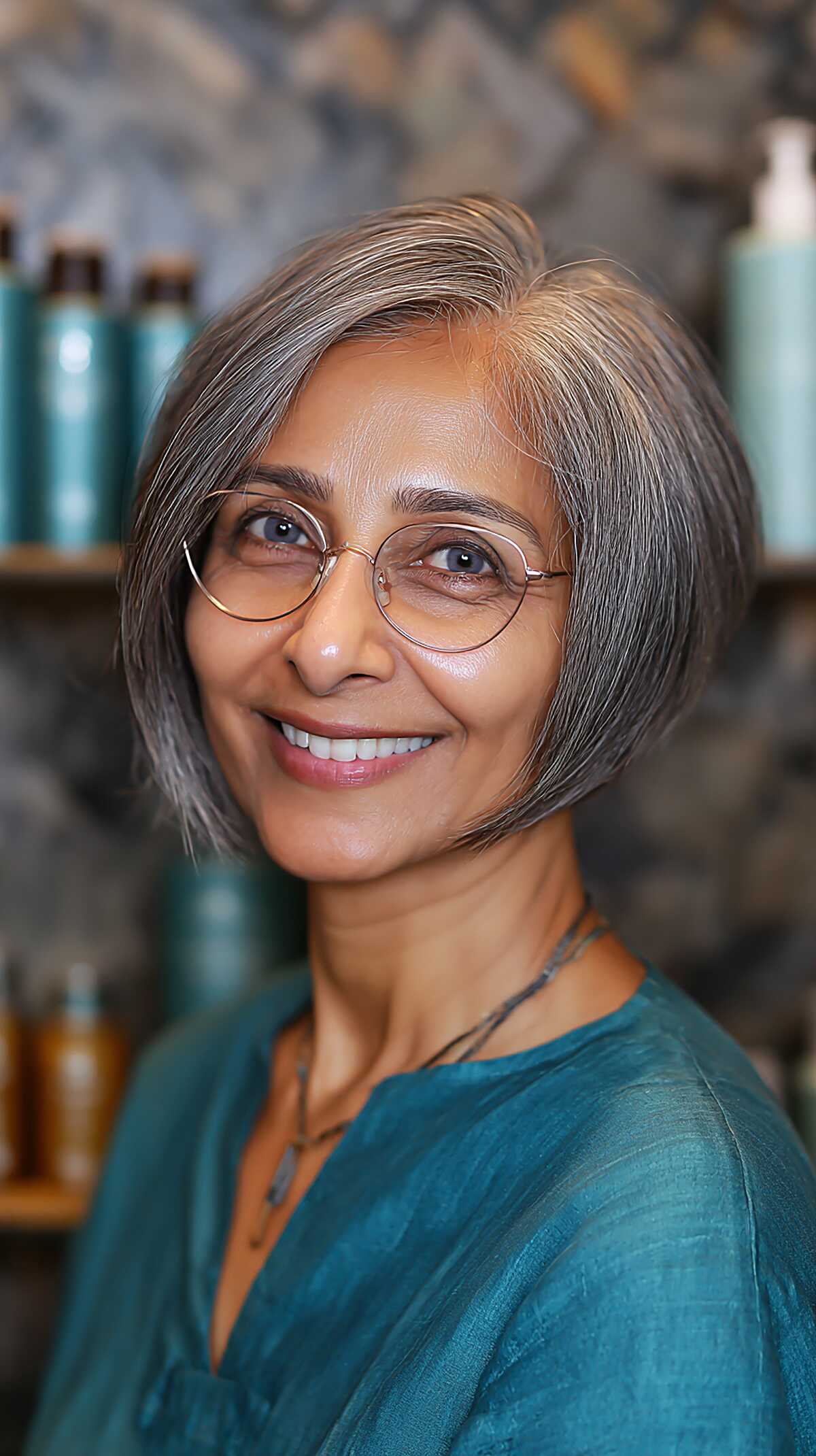 Salt-and-Pepper Chin-Length Bob with Gold Glasses