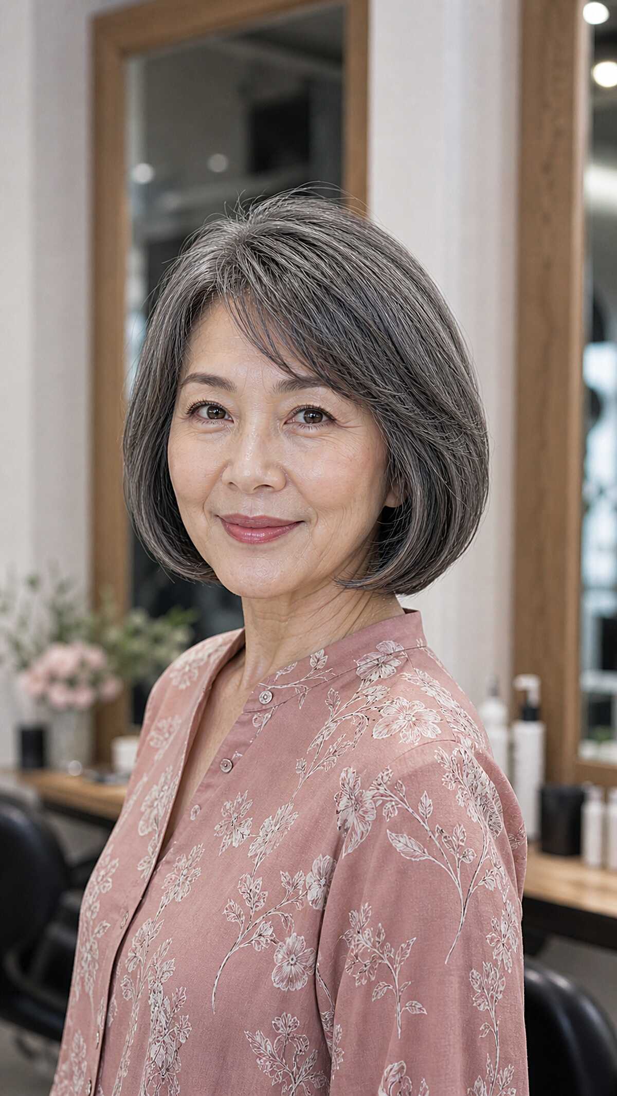 Salt and pepper chin-length bob with inward curve