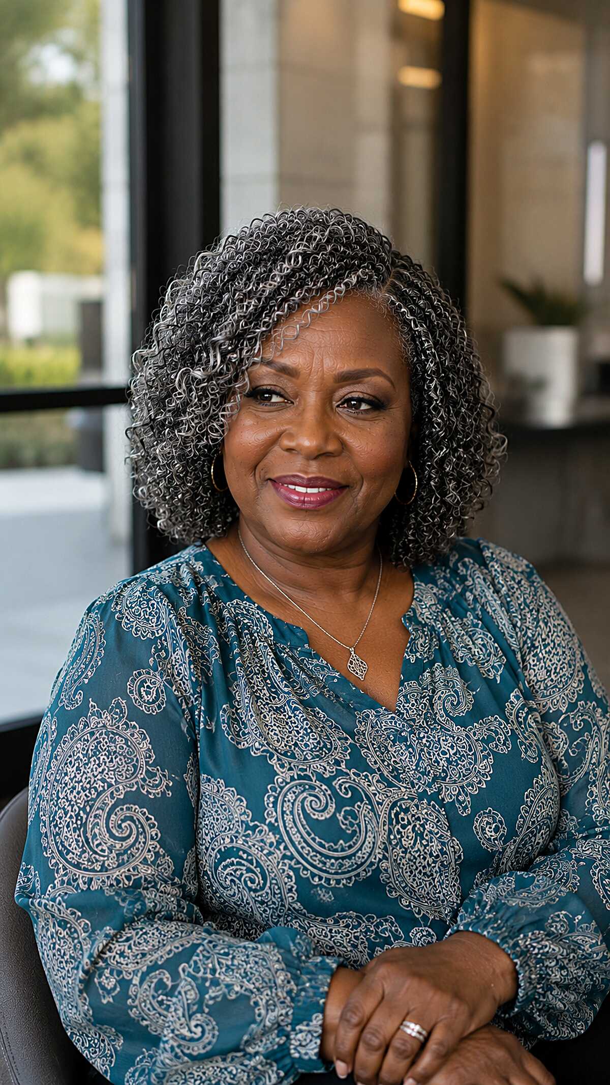 Salt and Pepper Curly Crochet Bob on Mature Woman