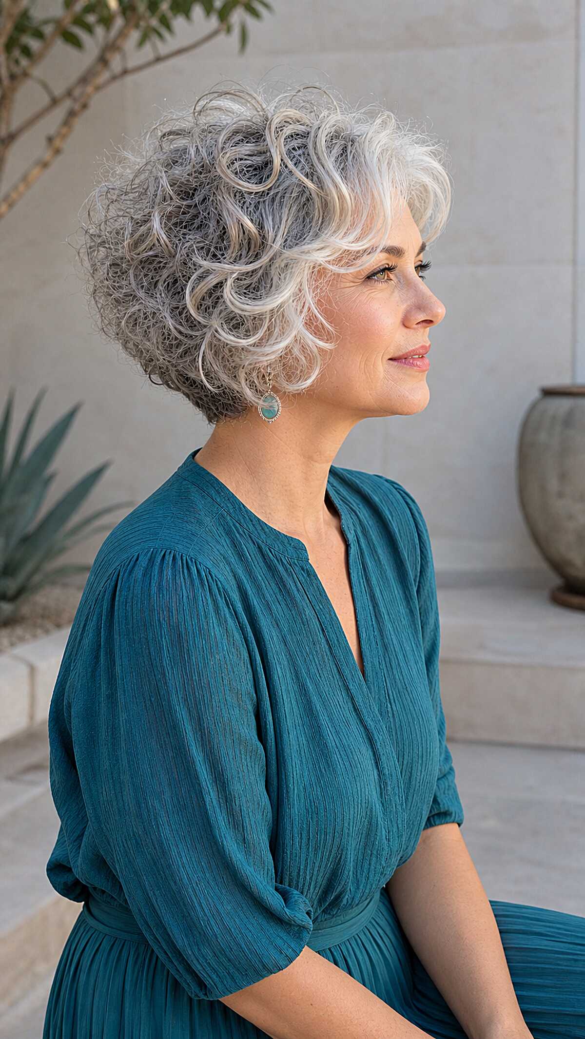 Salt-and-pepper gray curly stacked short bob
