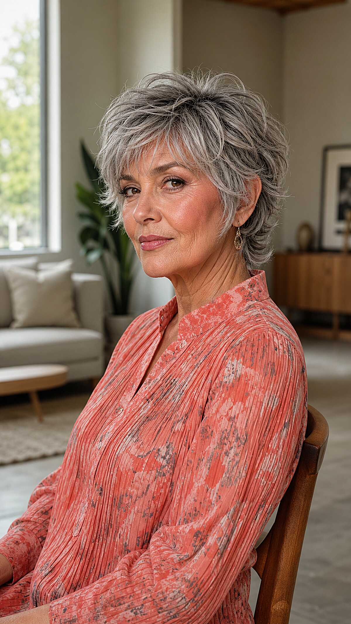 Salt-and-pepper feathered pixie shag on woman over 60
