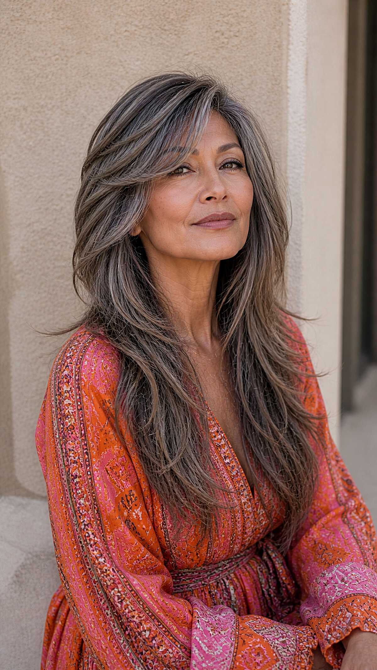 Salt-and-Pepper Long Shag with Sweeping Silver Layers