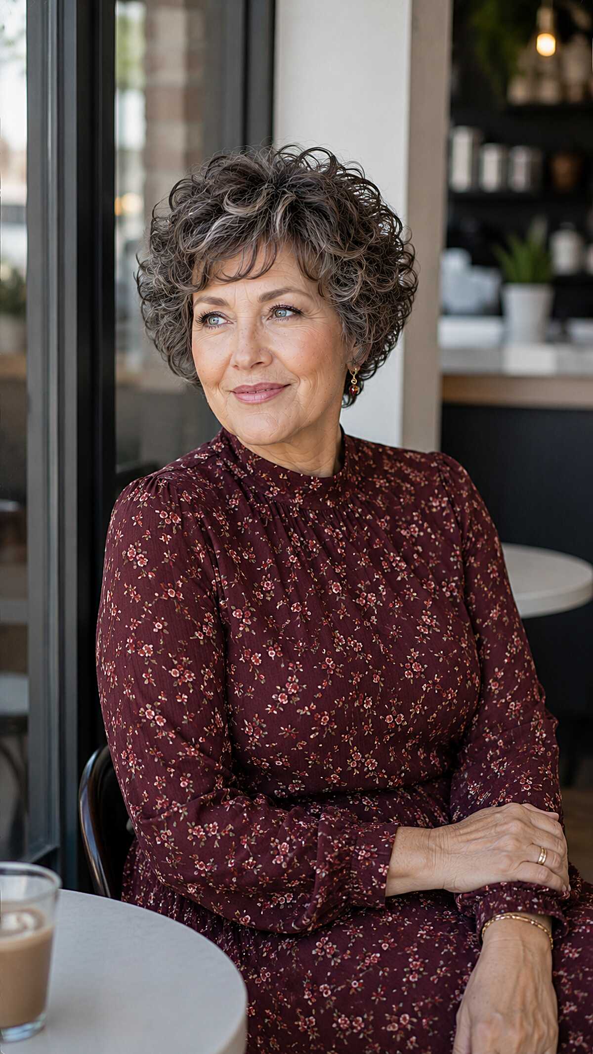 Salt-and-pepper short curly cut with natural texture
