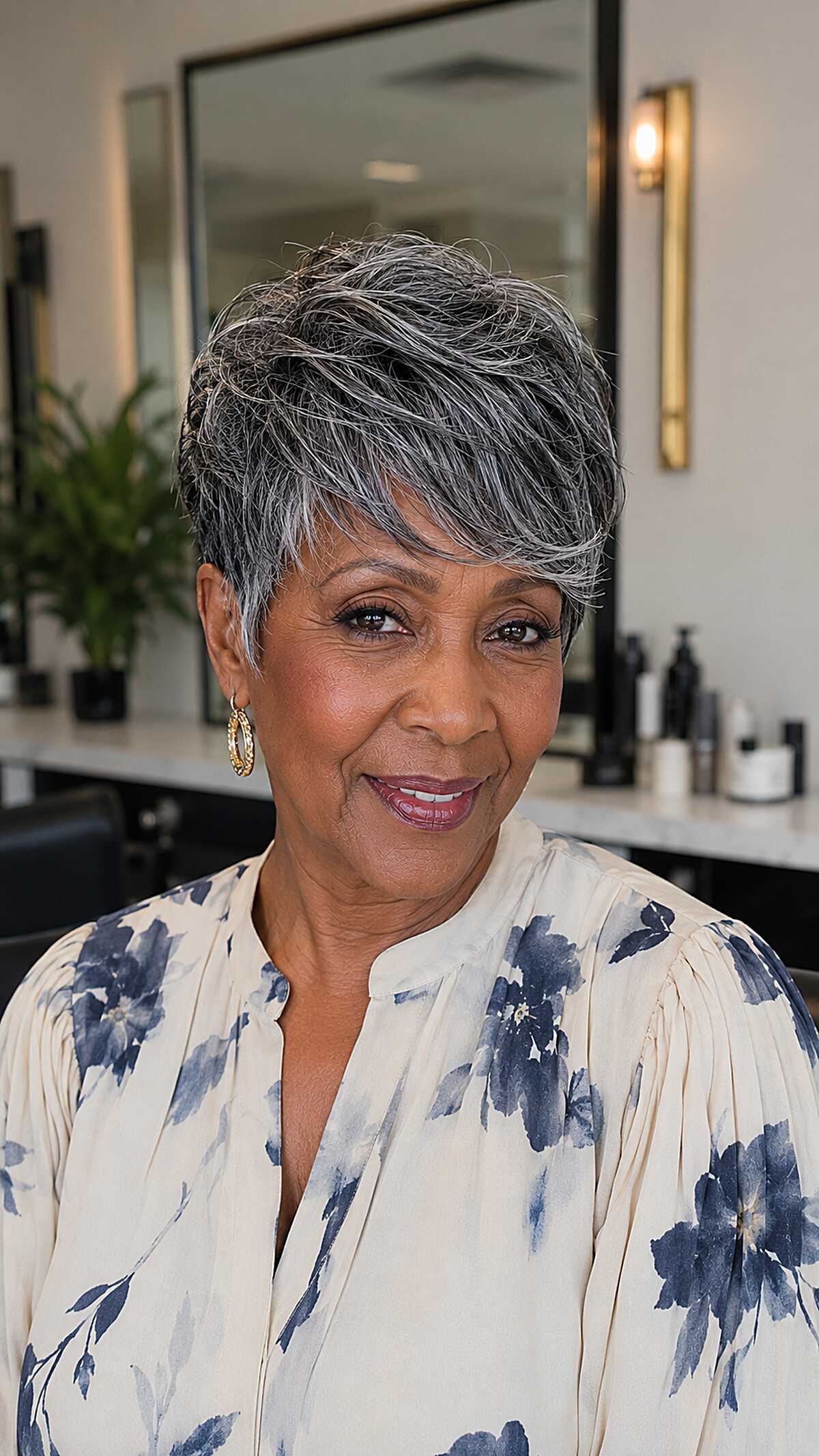 Short salt and pepper textured pixie quick weave