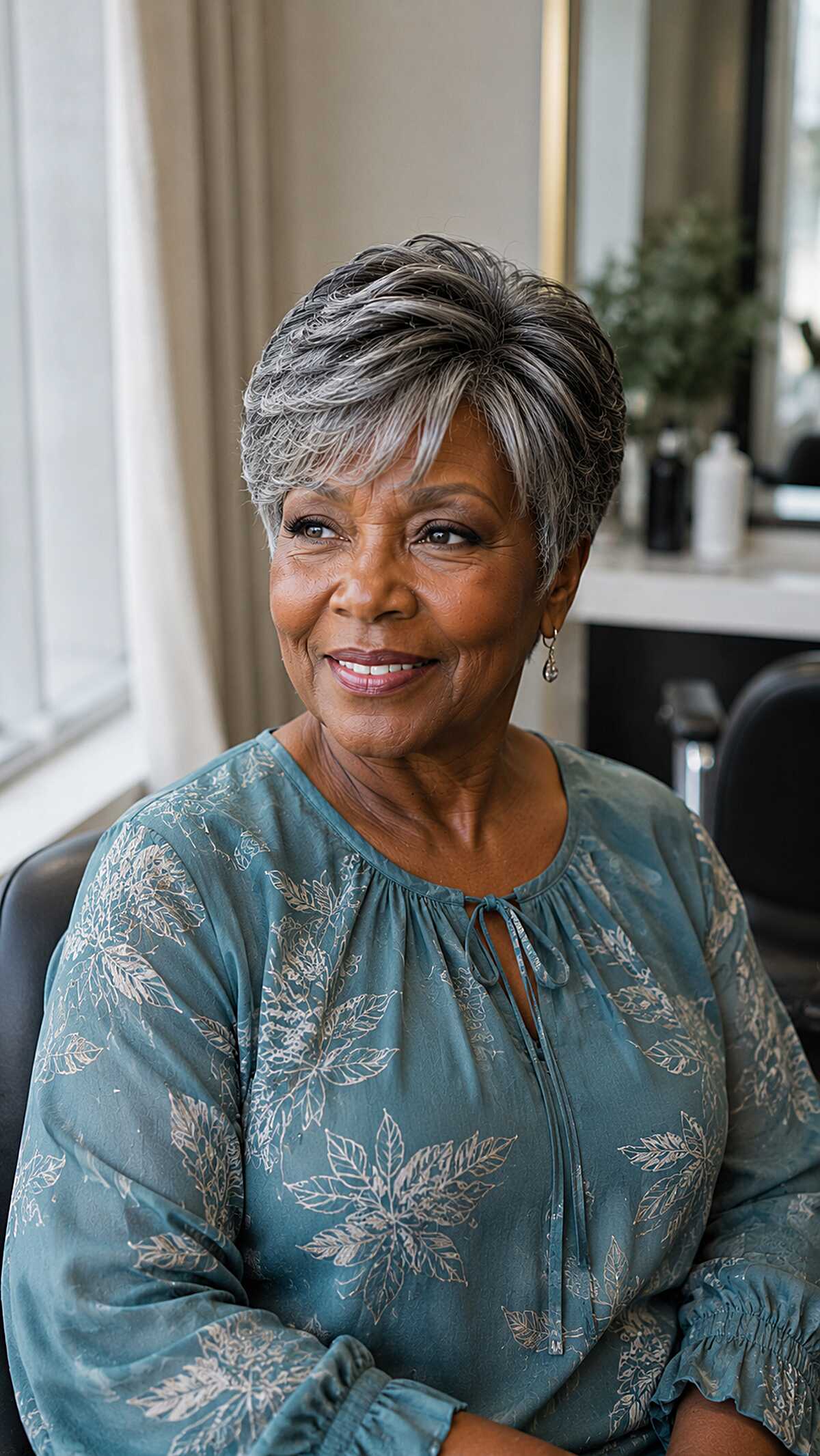 Short salt-and-pepper pixie sew-in for mature women