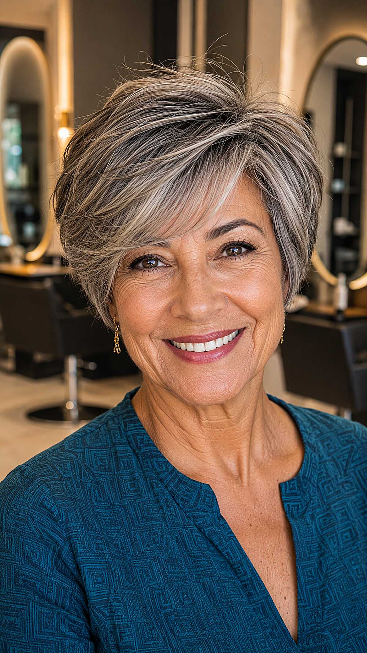Salt and Pepper Voluminous Pixie with Swept Fringe