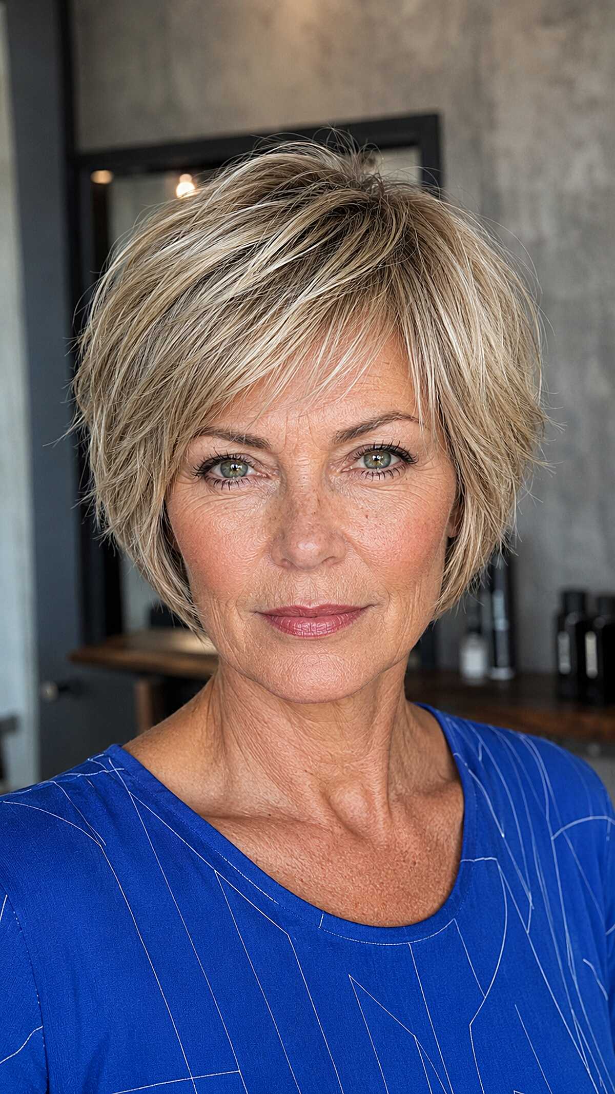 Sandy blonde layered pixie bob with tapered nape
