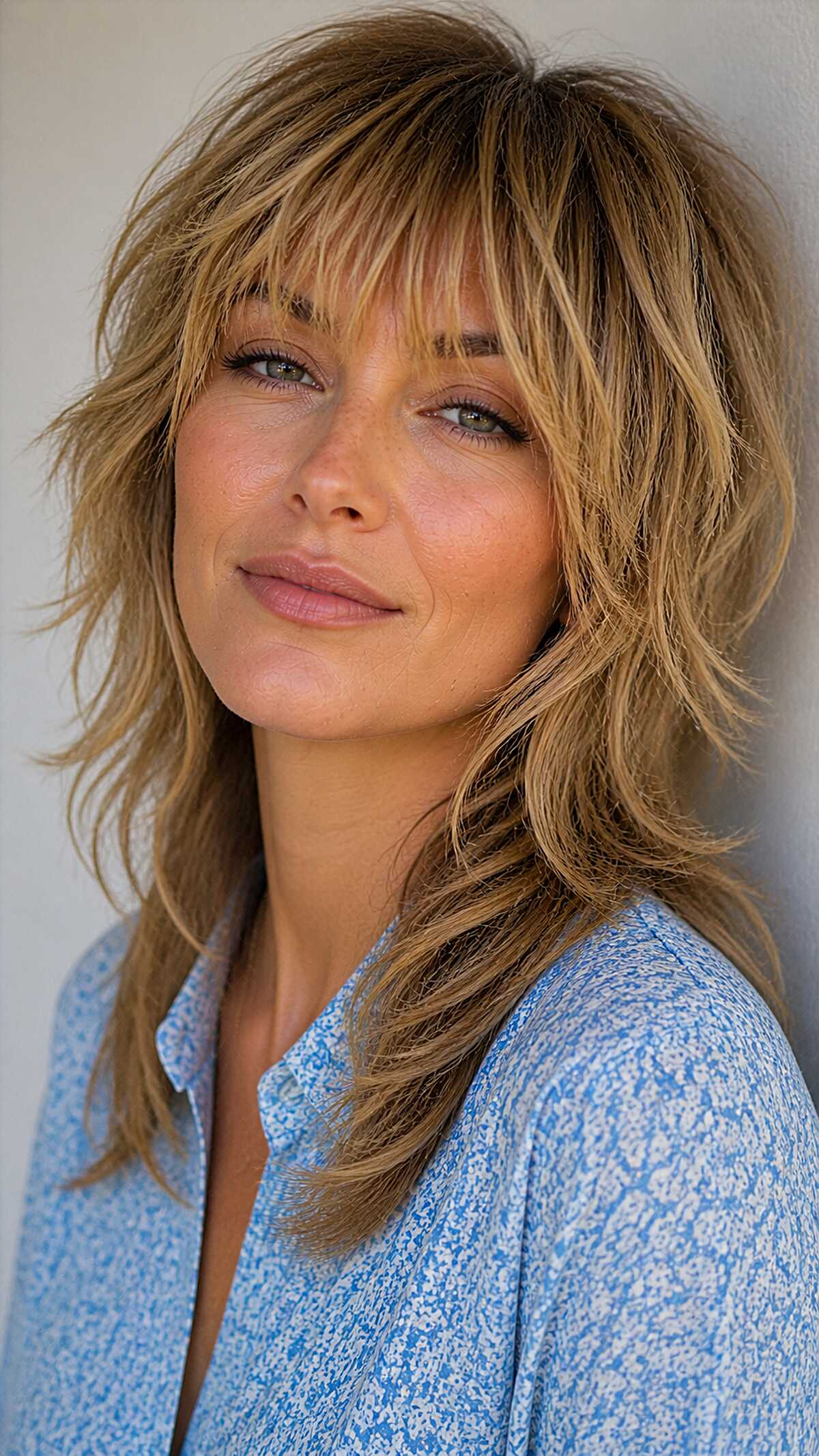 Sandy blonde shag wolfcut with swept back bangs