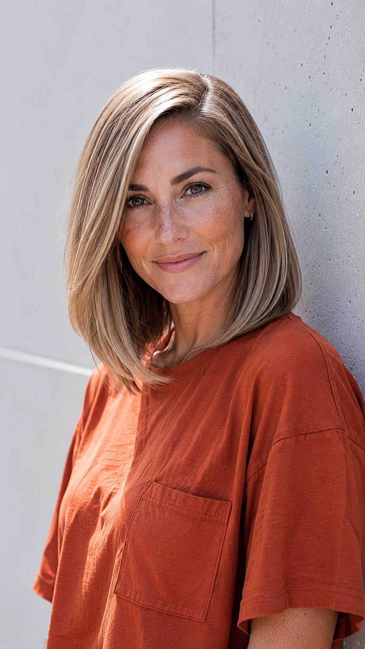 Sandy blonde straight lob with tucked side part