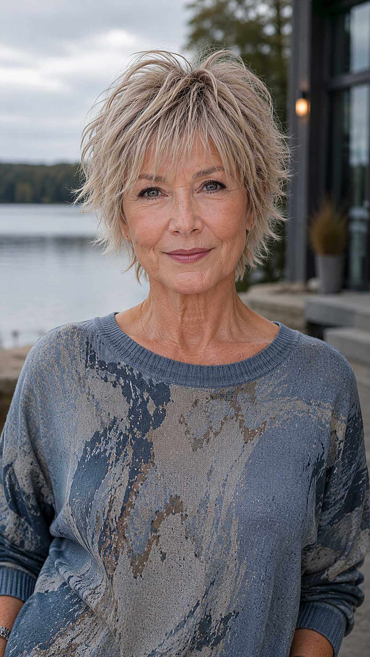 Short ash blonde pixie shag with piecey fringe over 60