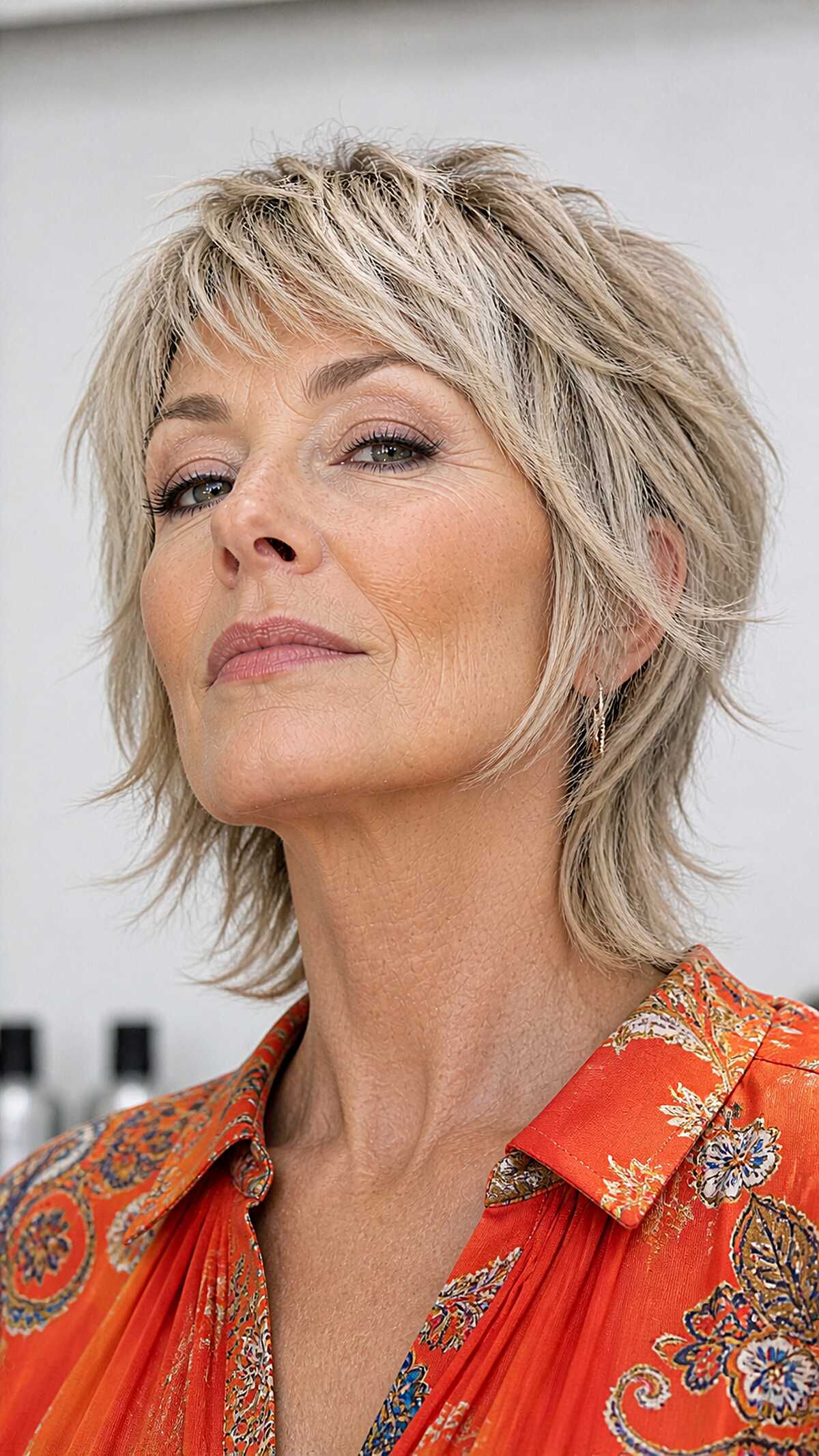 Short ash blonde shag wolfcut with textured layers