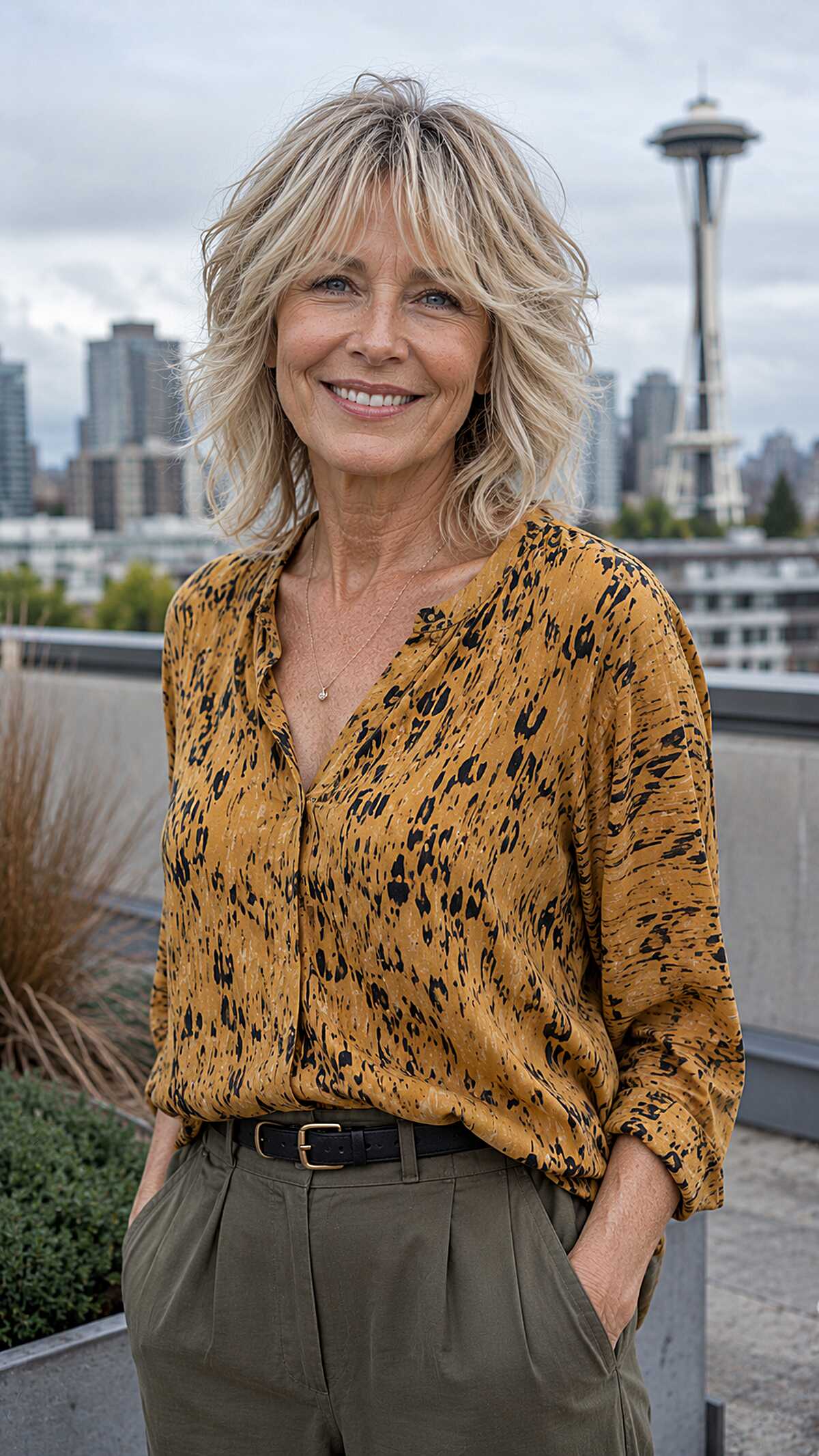 Short blonde shag with flipped layers and bangs over 60